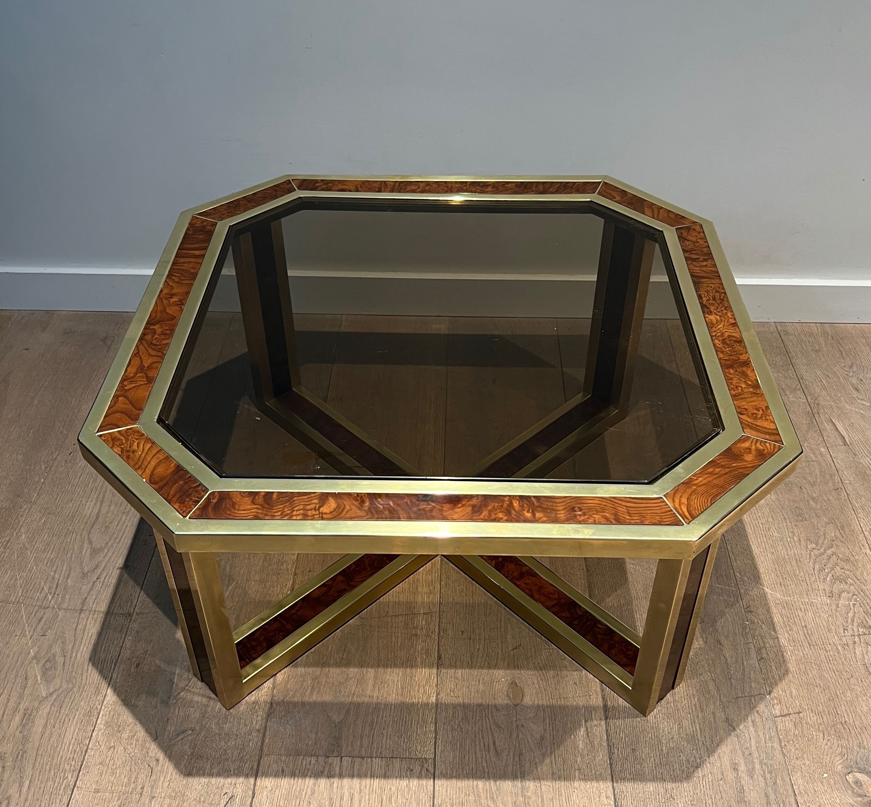 Walnut and Brass Octagonal Coffee Table. French work. Circa 1970