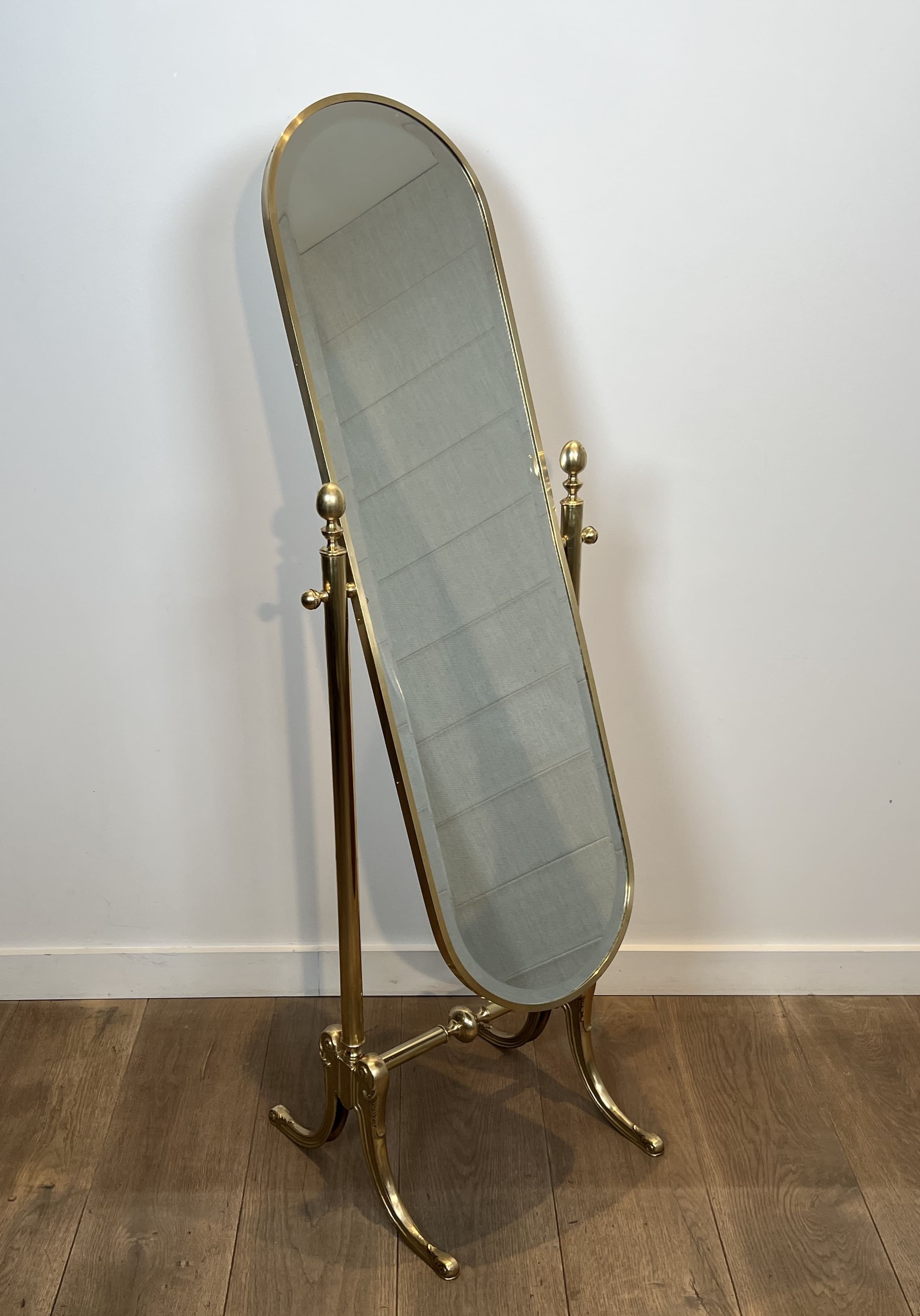 Polished Brass Cheval Mirror, Neoclassical Style circa 1970