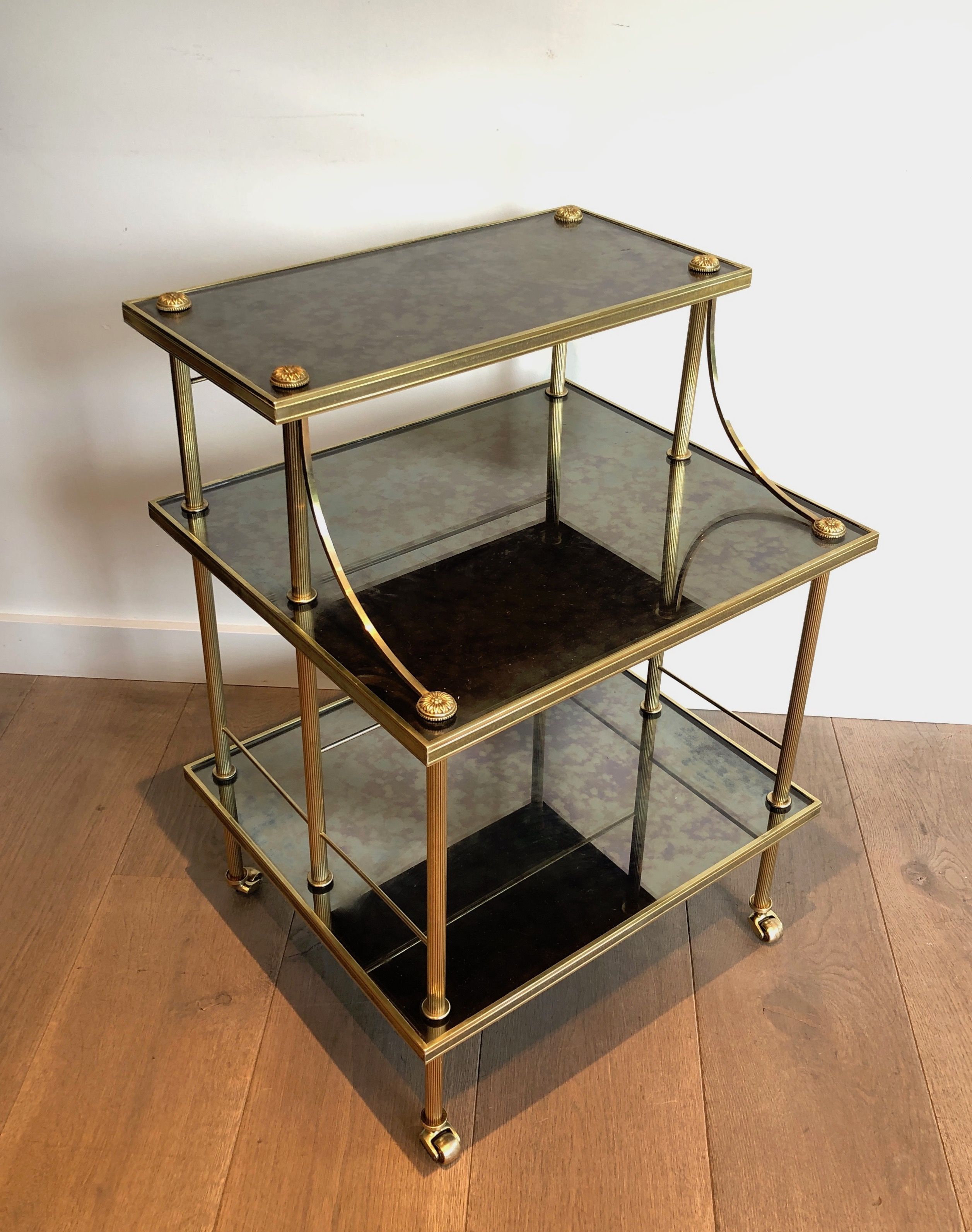 Small Brass Shelves on Casters with Three Tiers made of Antiques Mirrors by Maison Jansen