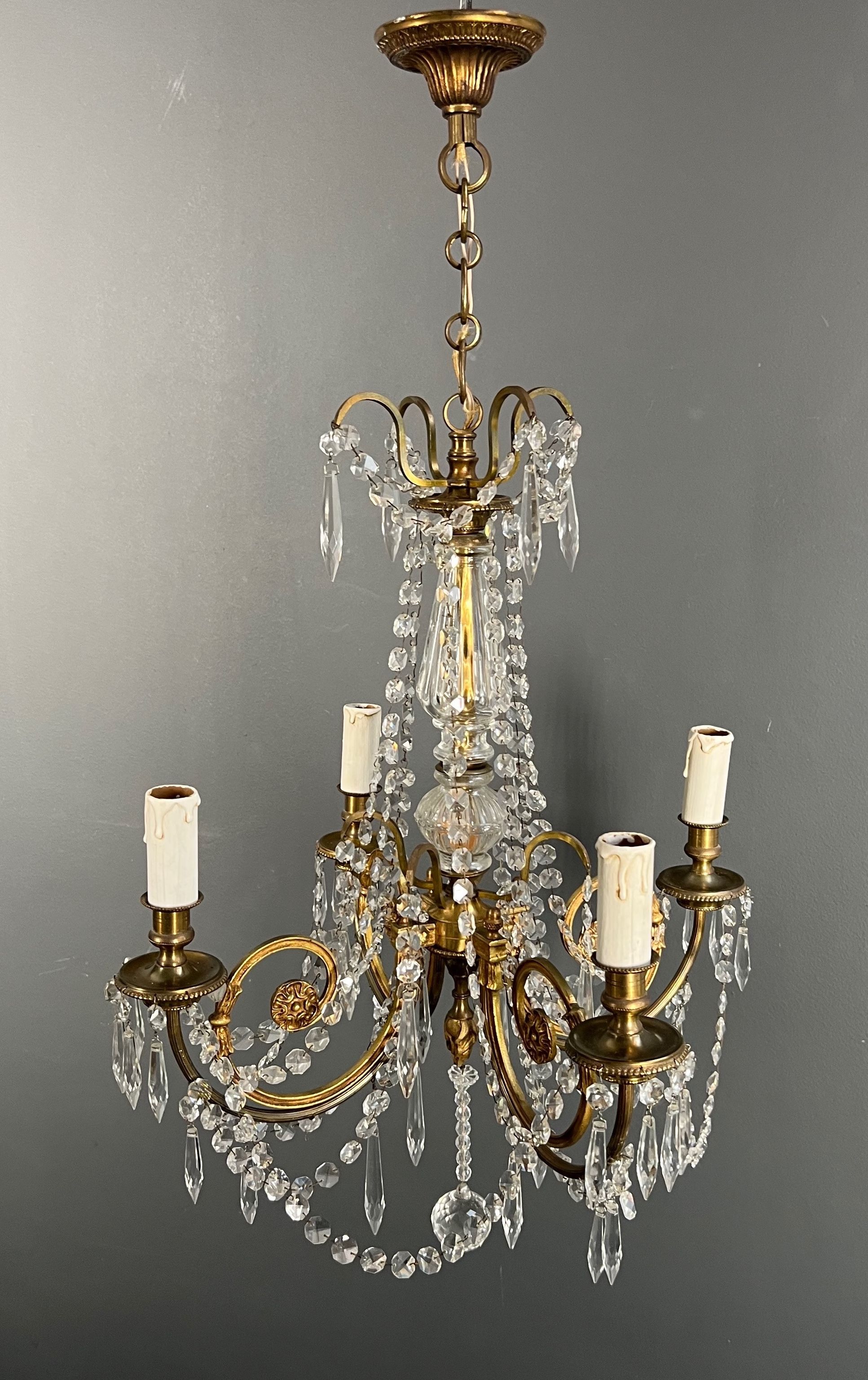 Lustre en Bronze à Cristaux de Style Louis XVI