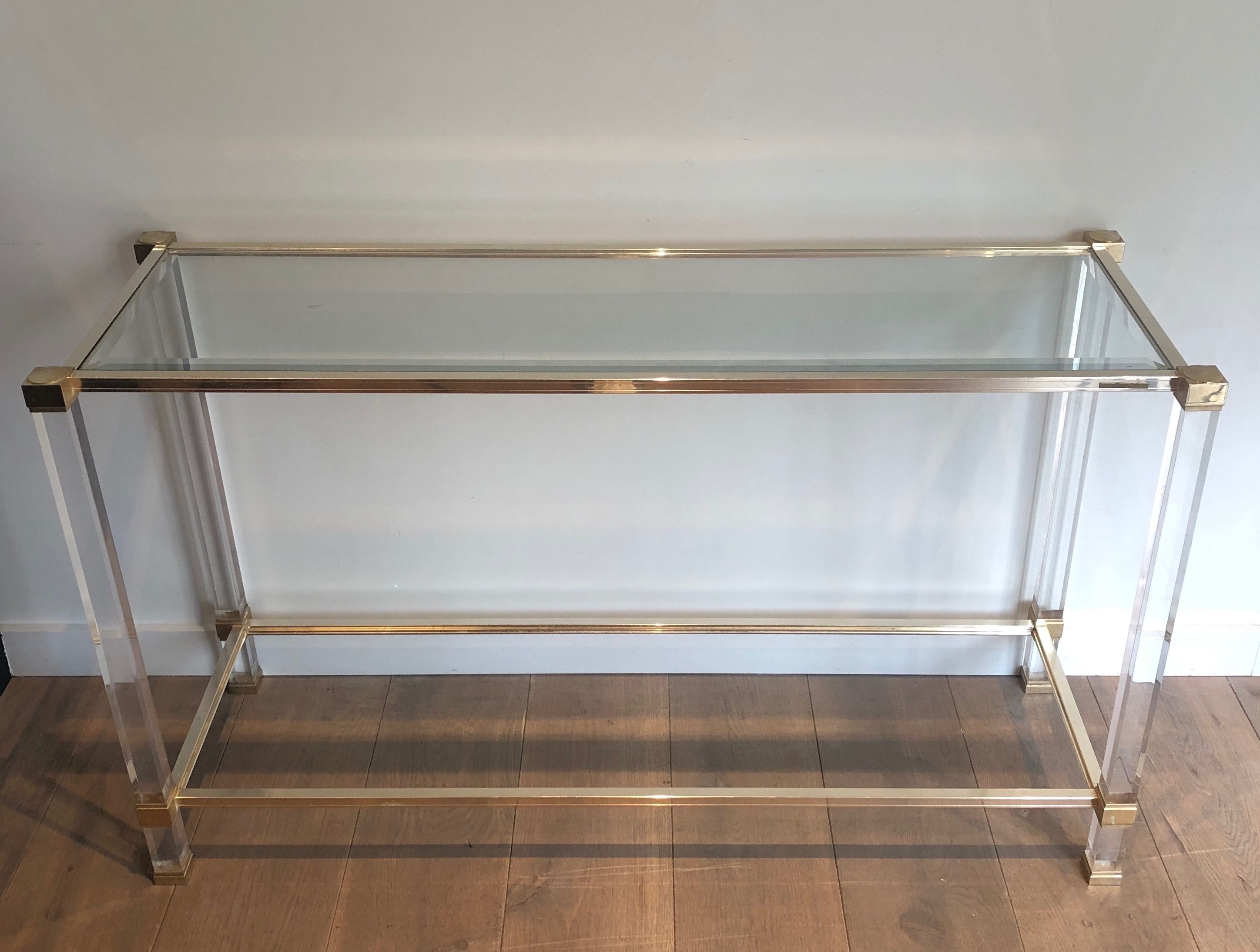 Lucite and Gilt Metal Console by Pierre Vandel. Circa 1970