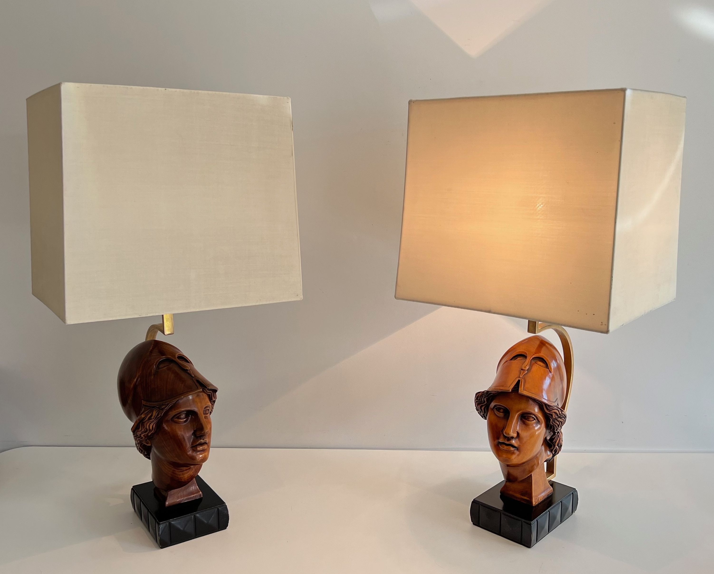 Pair of Walnut Table Lamps representing the Faces of Helmeted Soldiers