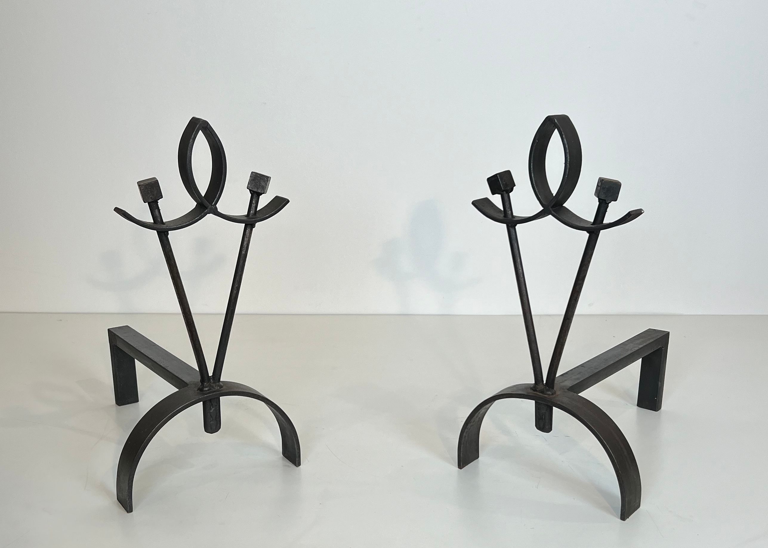 Pair of Modernist Wrought Iron Andirons