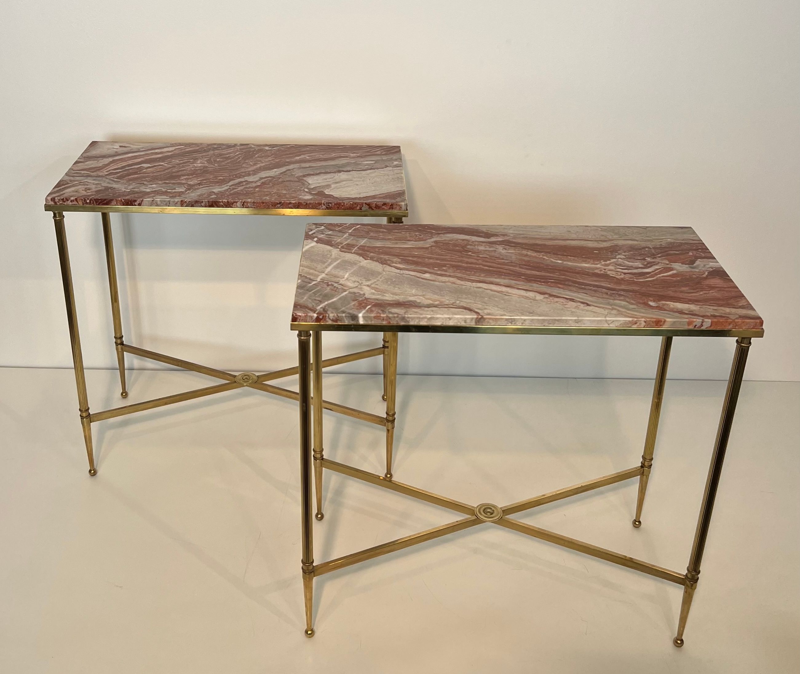 Pair of Neoclassical Style Brass Side Tables with Marble Tops by Maison Jansen