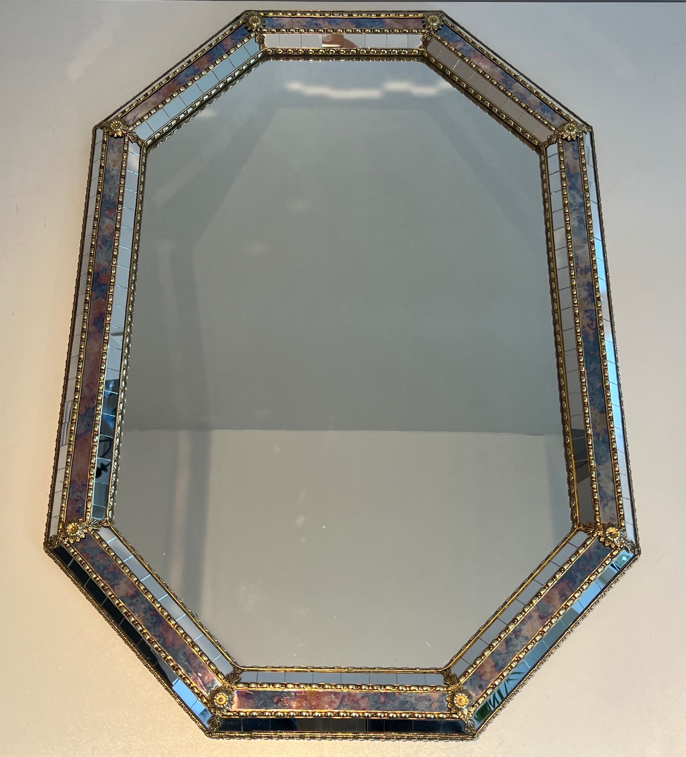 Miroir Rectangulaire constitué de Miroirs Multi-Facettes et Guirlandes de Laiton