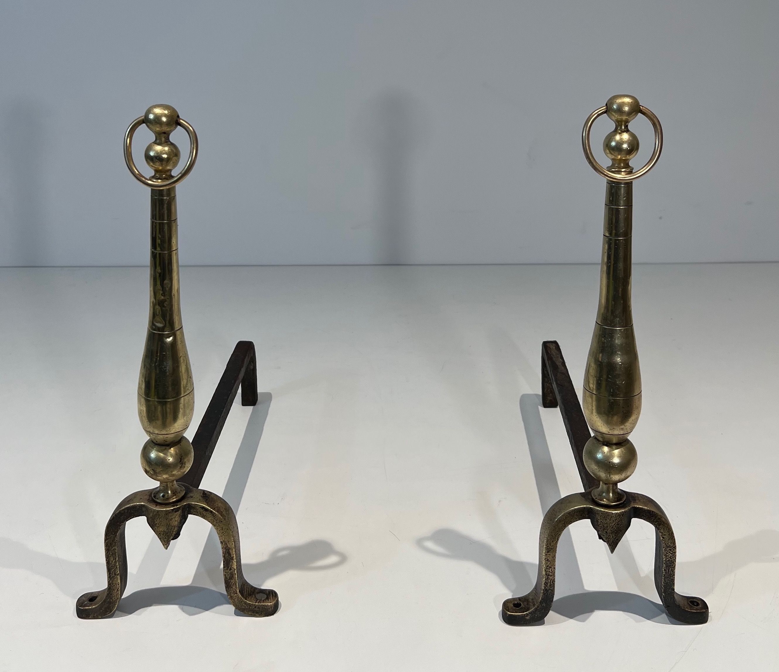 Pair of Neoclassical Style Brass and Iron Andirons