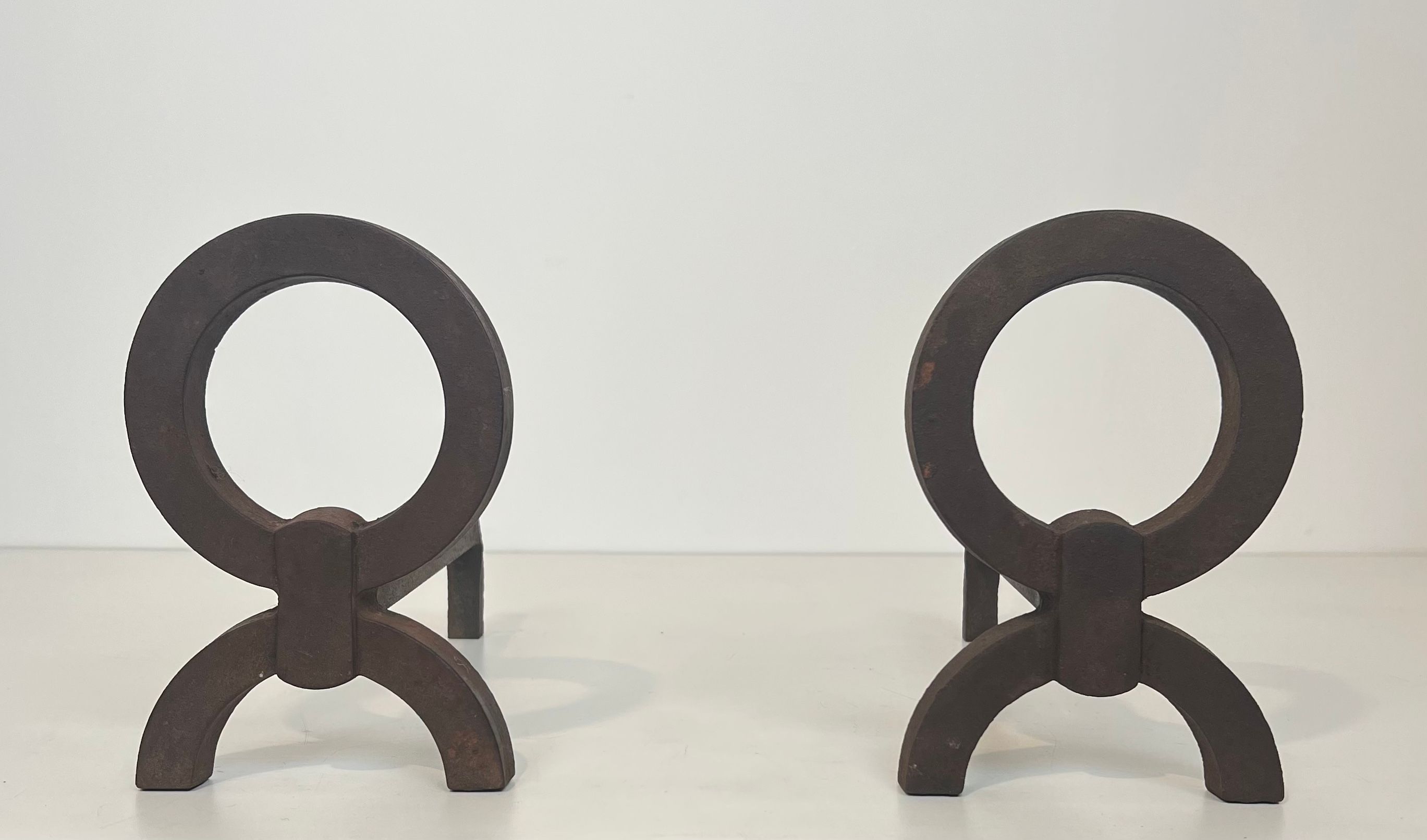 Pair of Modernist Wrought Iron Andirons in the Style of Jacques Adnet