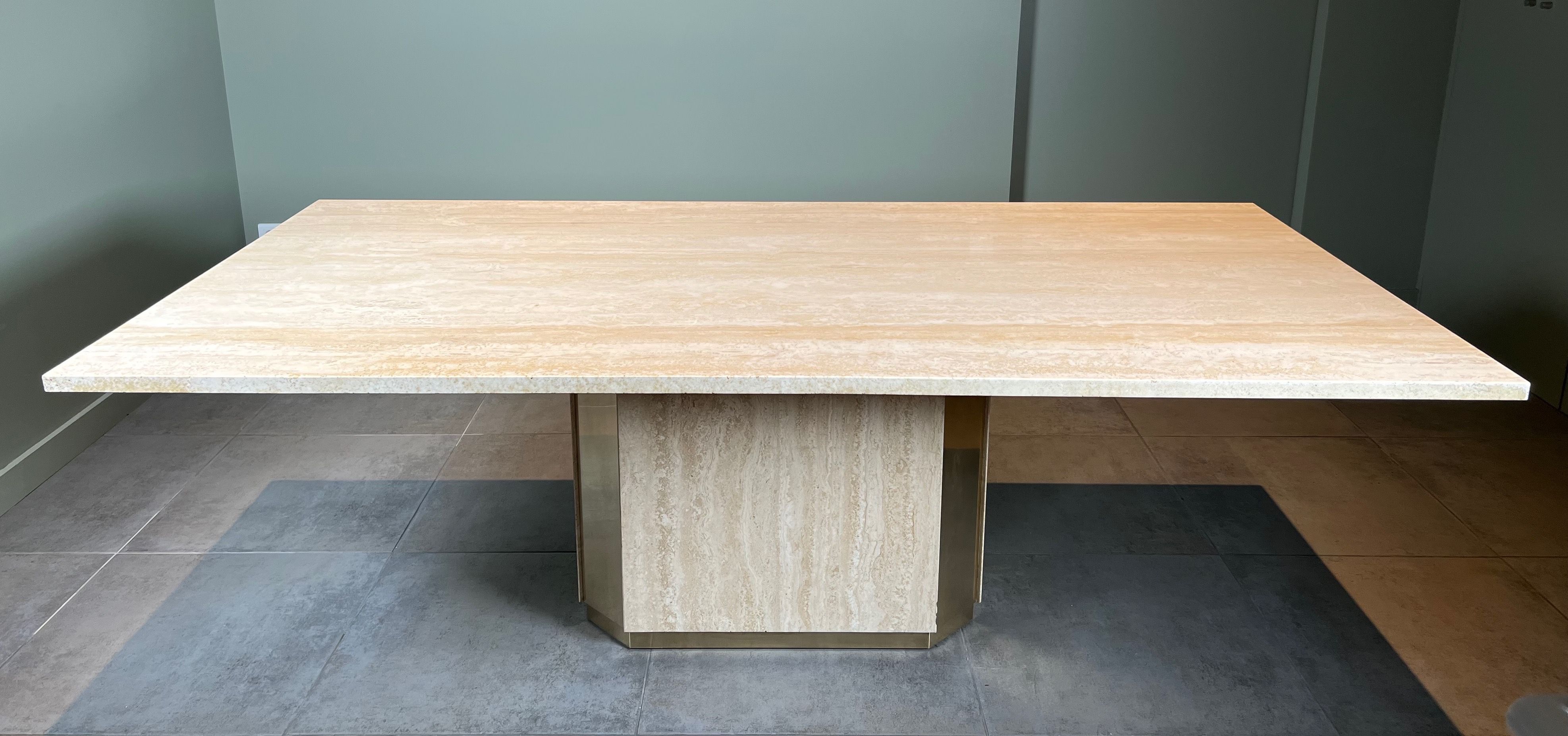 Travertine and Brass Dining Table. French Work. Circa 1970