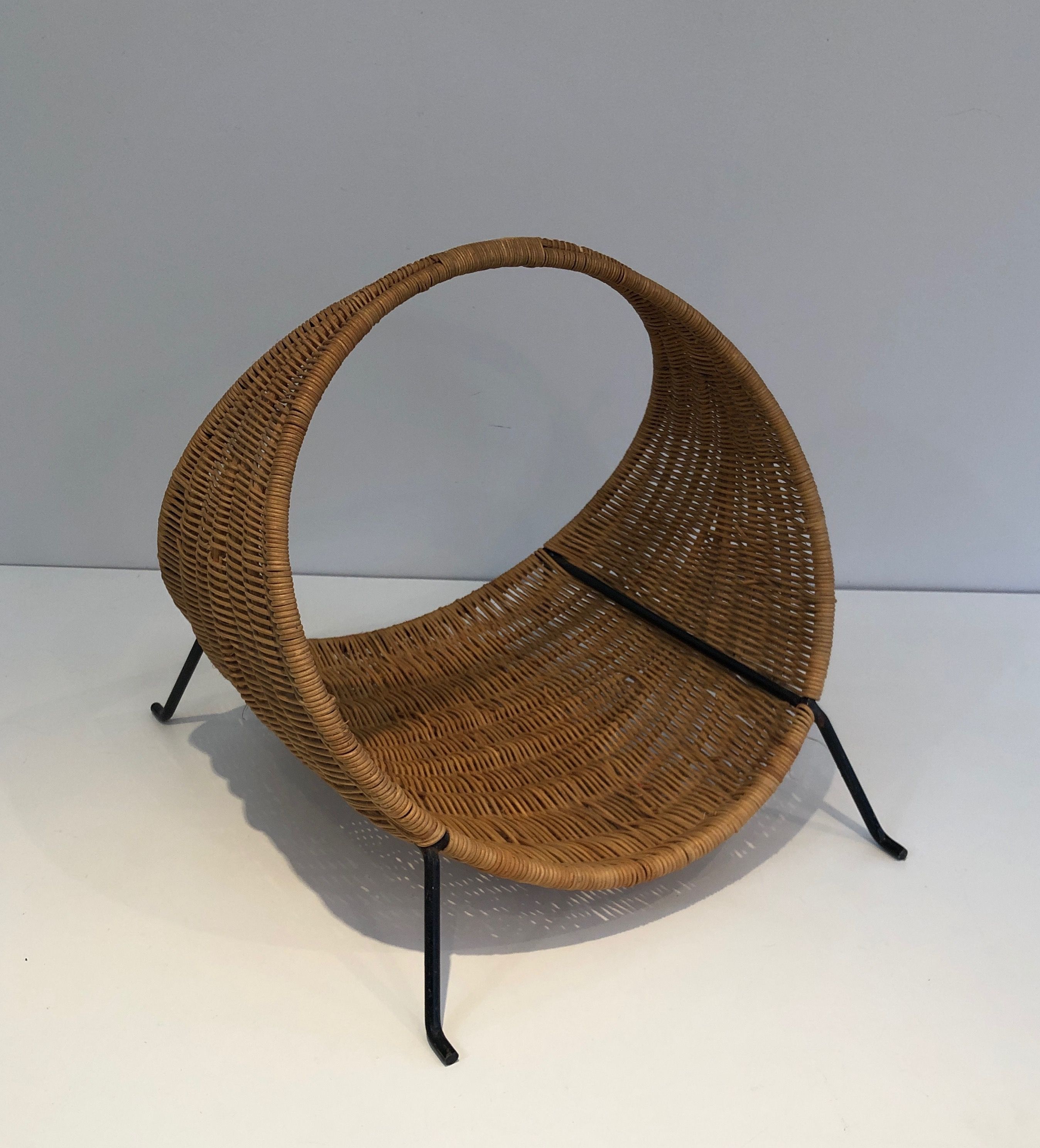 Design Rattan and Black Lacquered Metal Log Holder