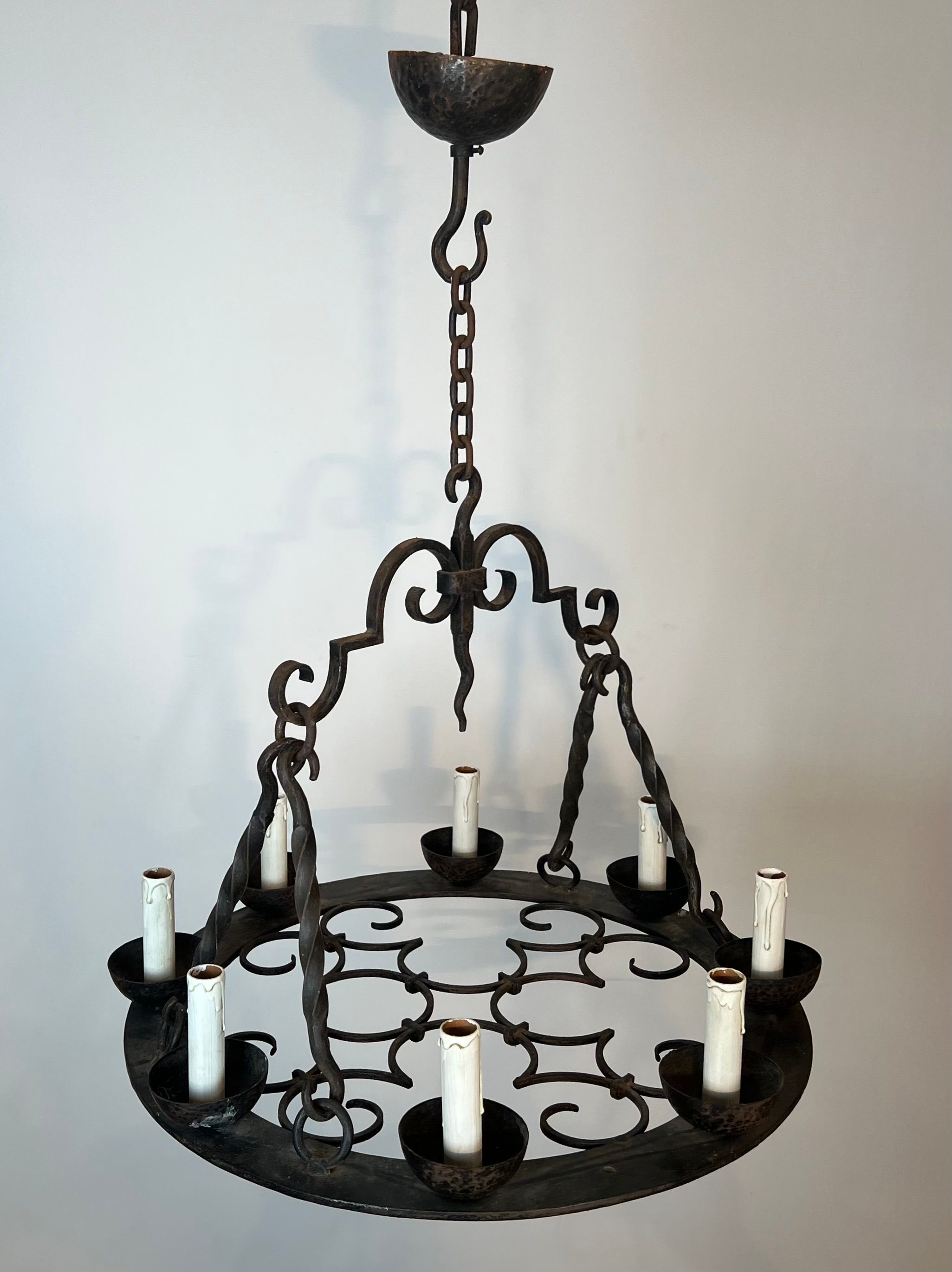 Round Wrought Iron Chandelier with 8 Lights in the Gothic Style. Circa 1950