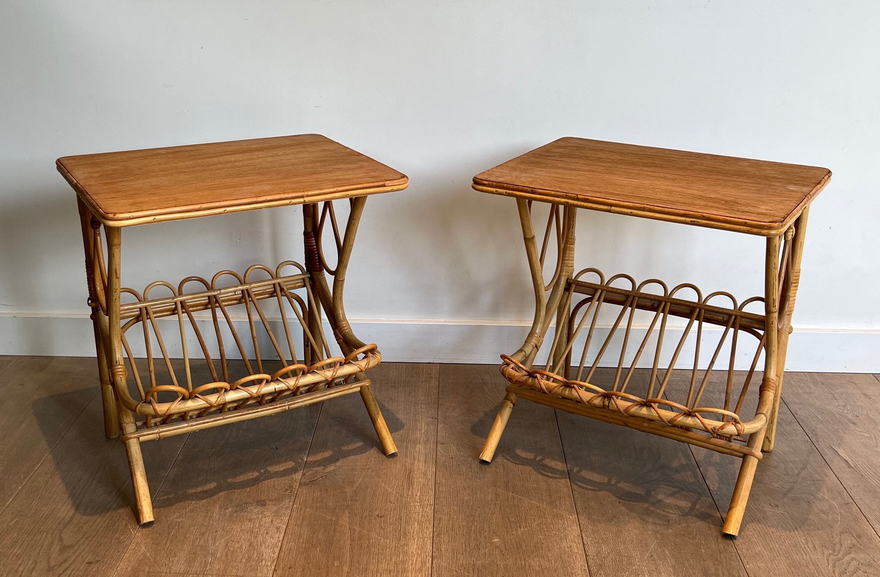 Pair of Rattan Side Tables Magazine Racks