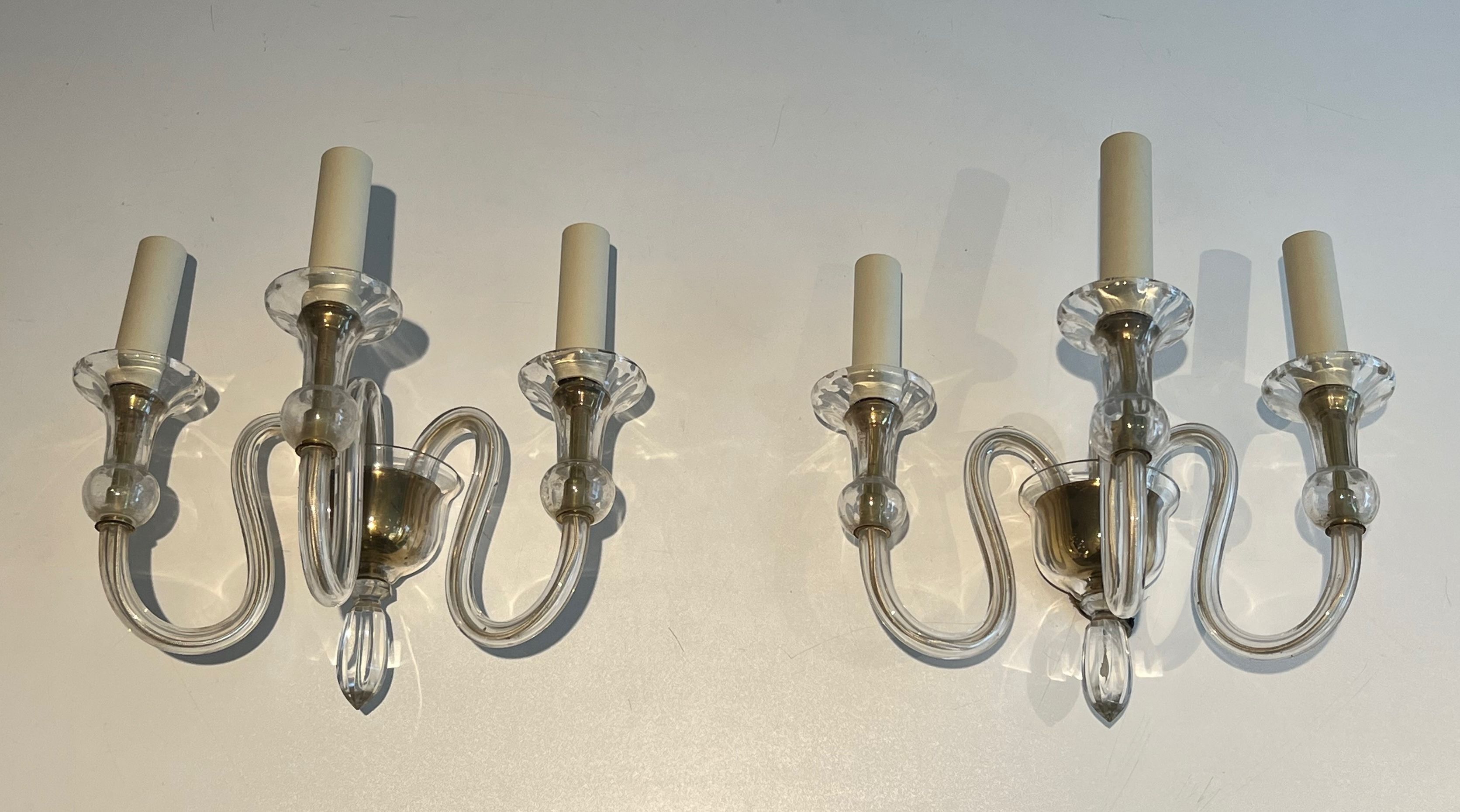 Paire d'Appliques en Cristal de Murano A 3 Bras de Lumière