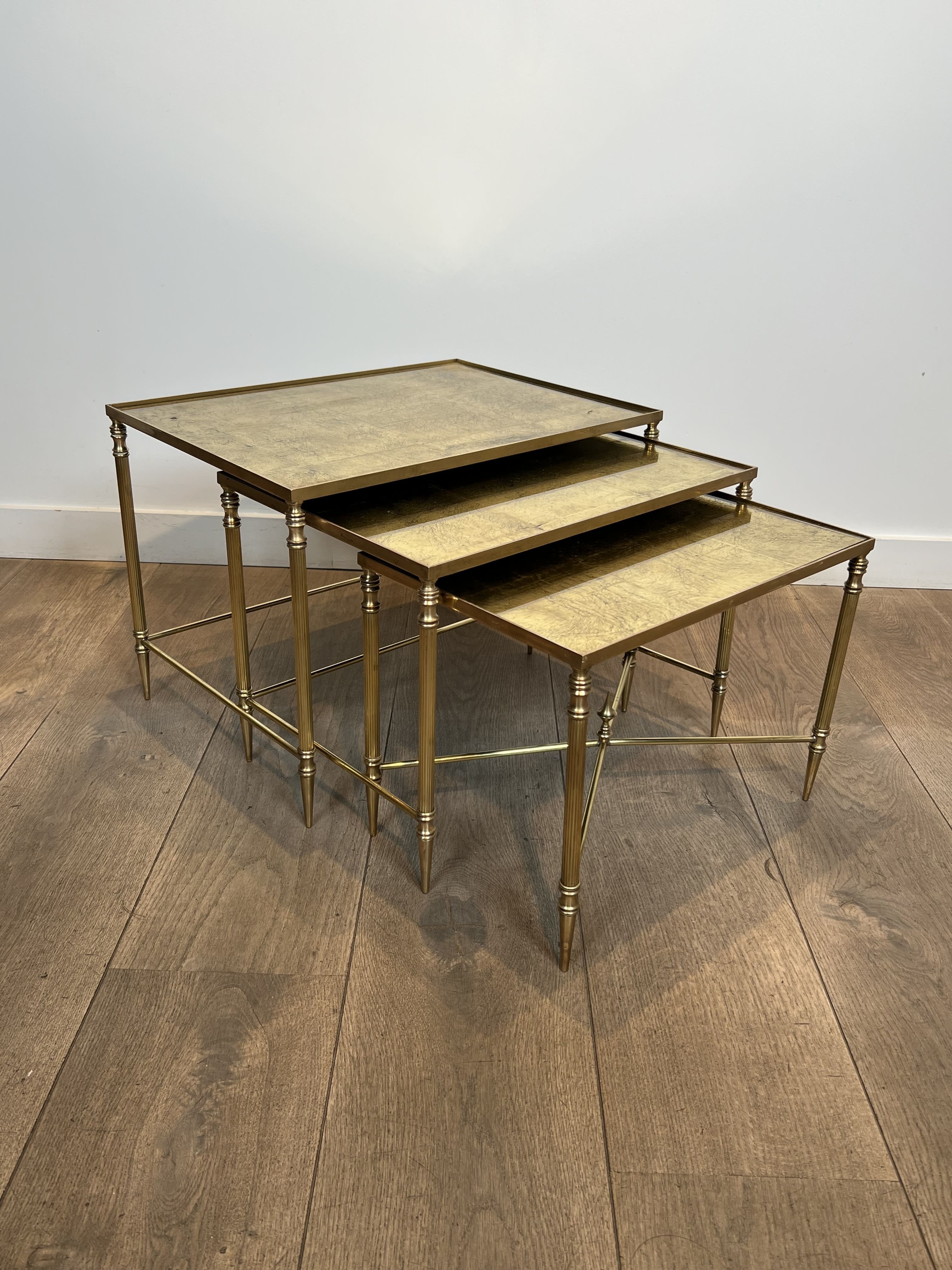 Nesting Tables in Black Lacquered Metal and Gilded Tops, Circa 1970