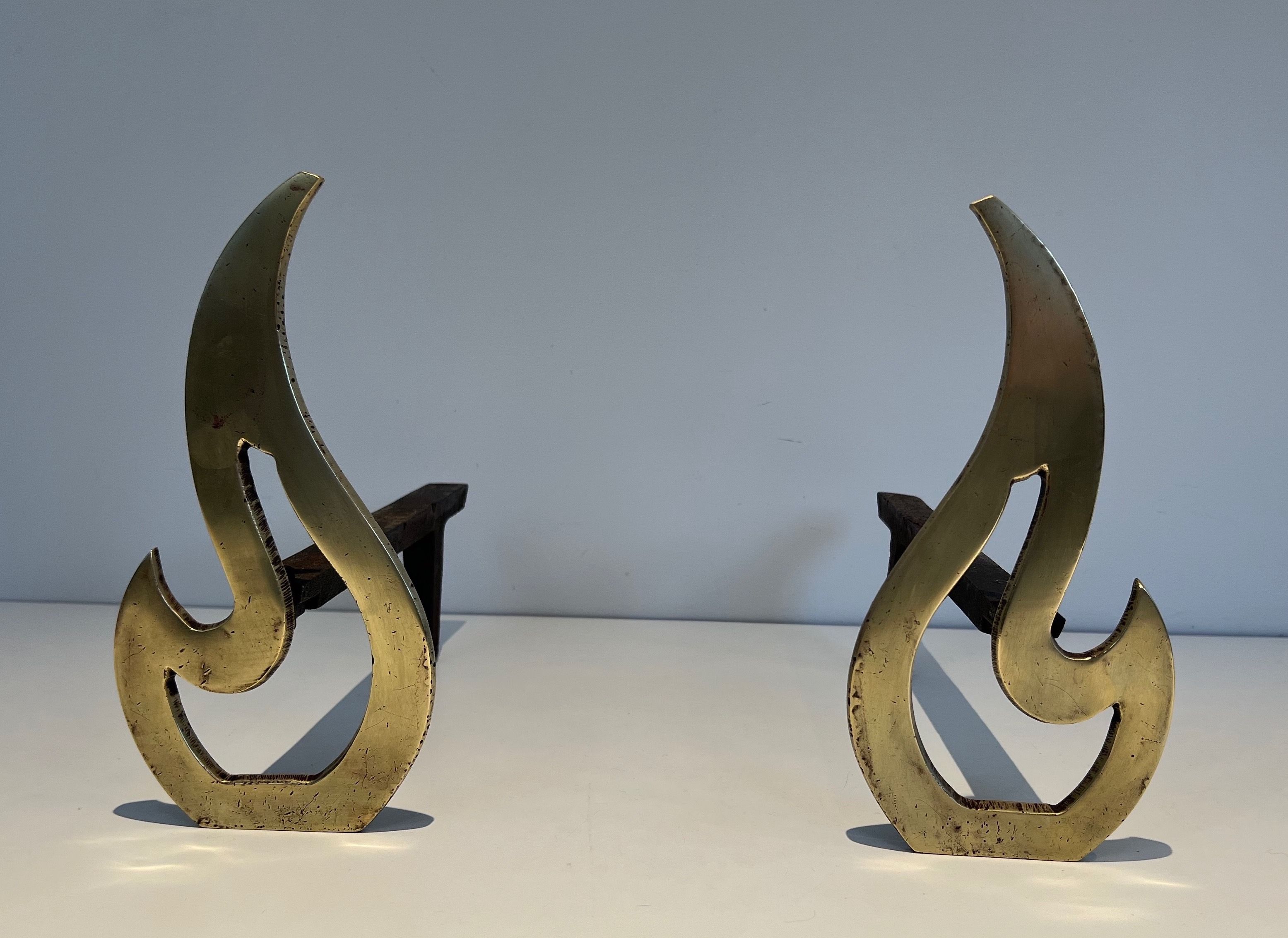 Pair of Flame Brass Andirons