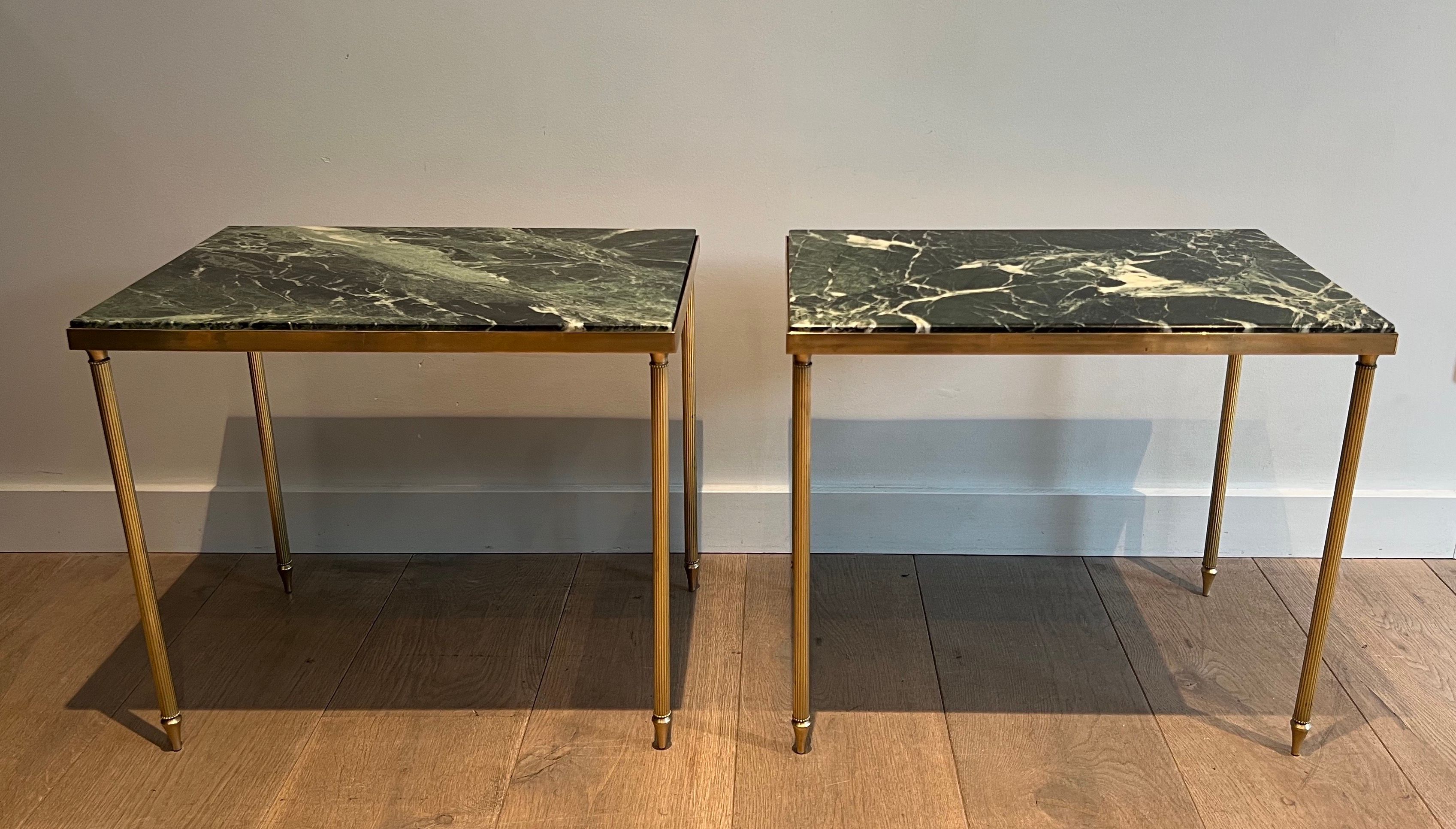 Pair of Brass Side Tables with Green Marble Top in the Style of Maison Jansen