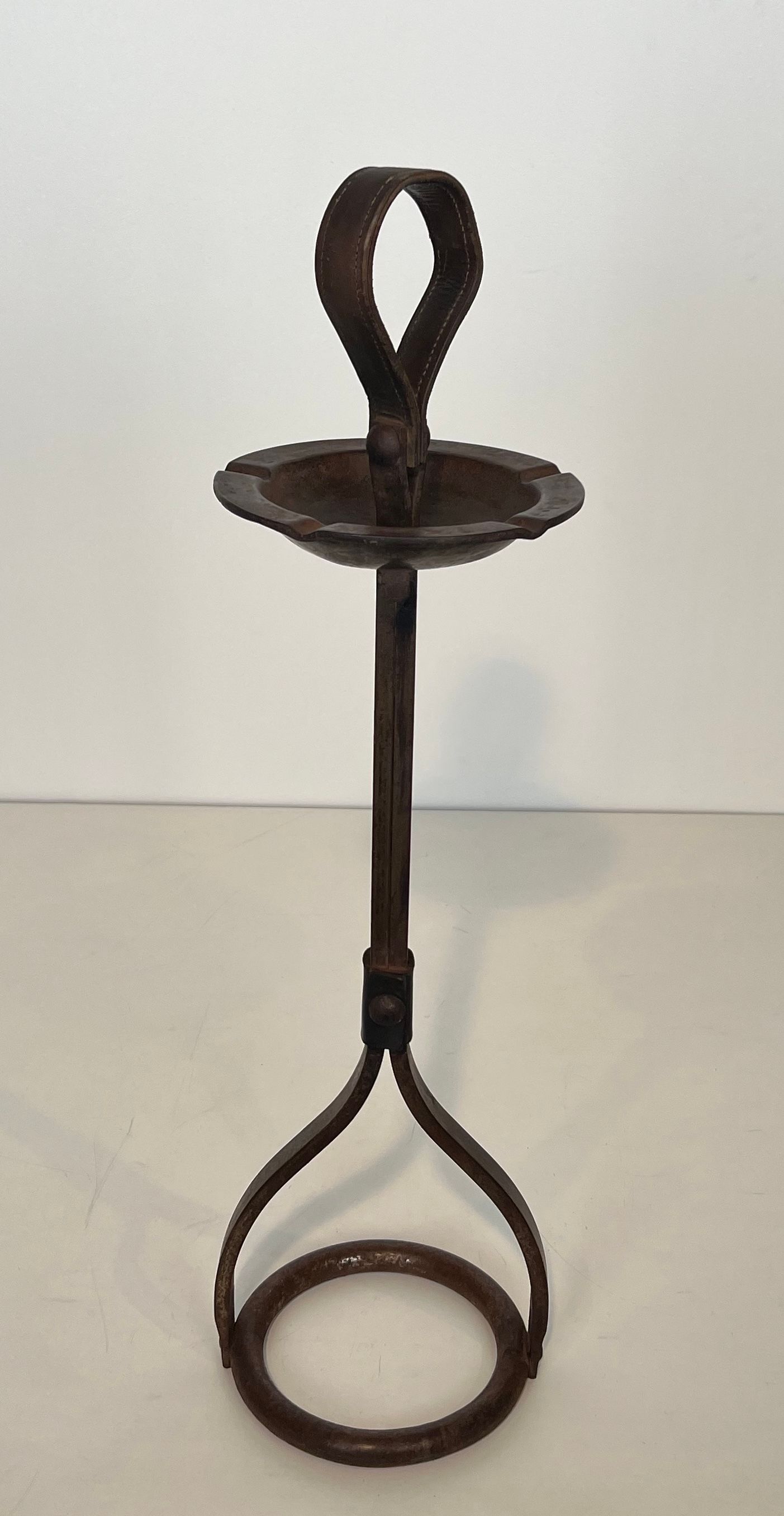 Steel and Leather Ashtray on Stand by Jacques Adnet