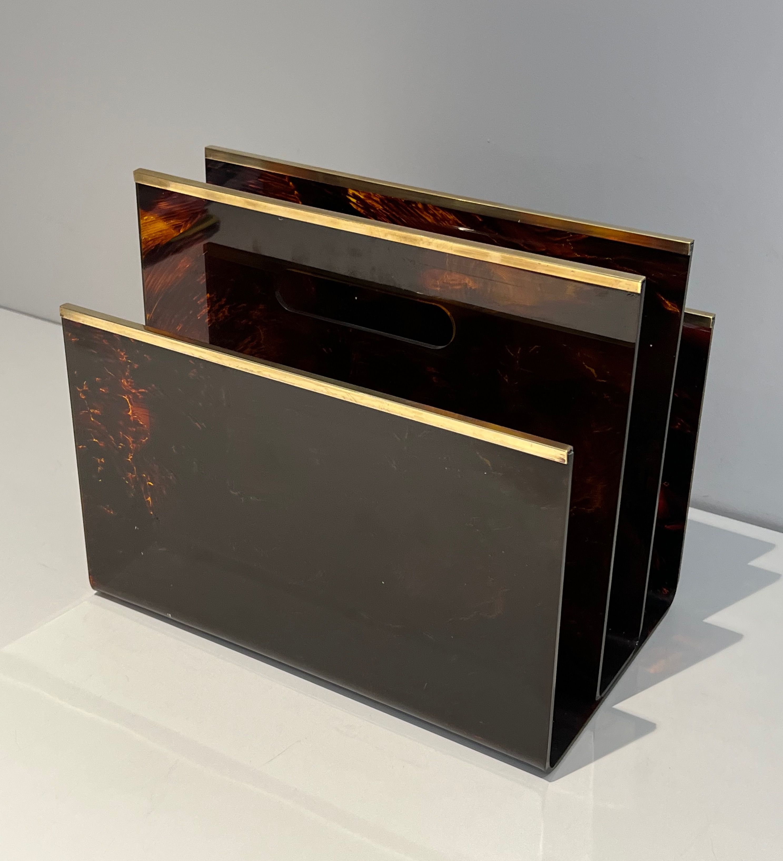 Faux-Tortoise Shell Plexiglass and Brass Magazine Rack