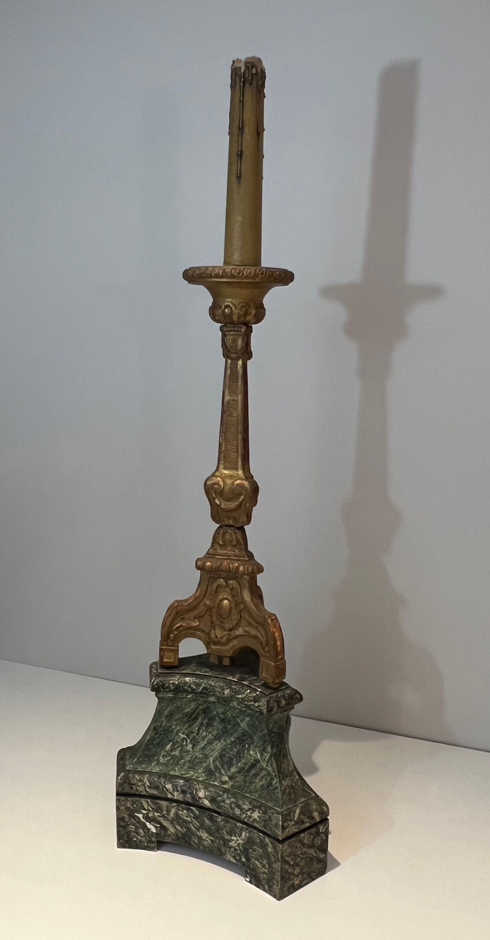 Tall Gilded Carved Wood Candelabra on a Patinated Base