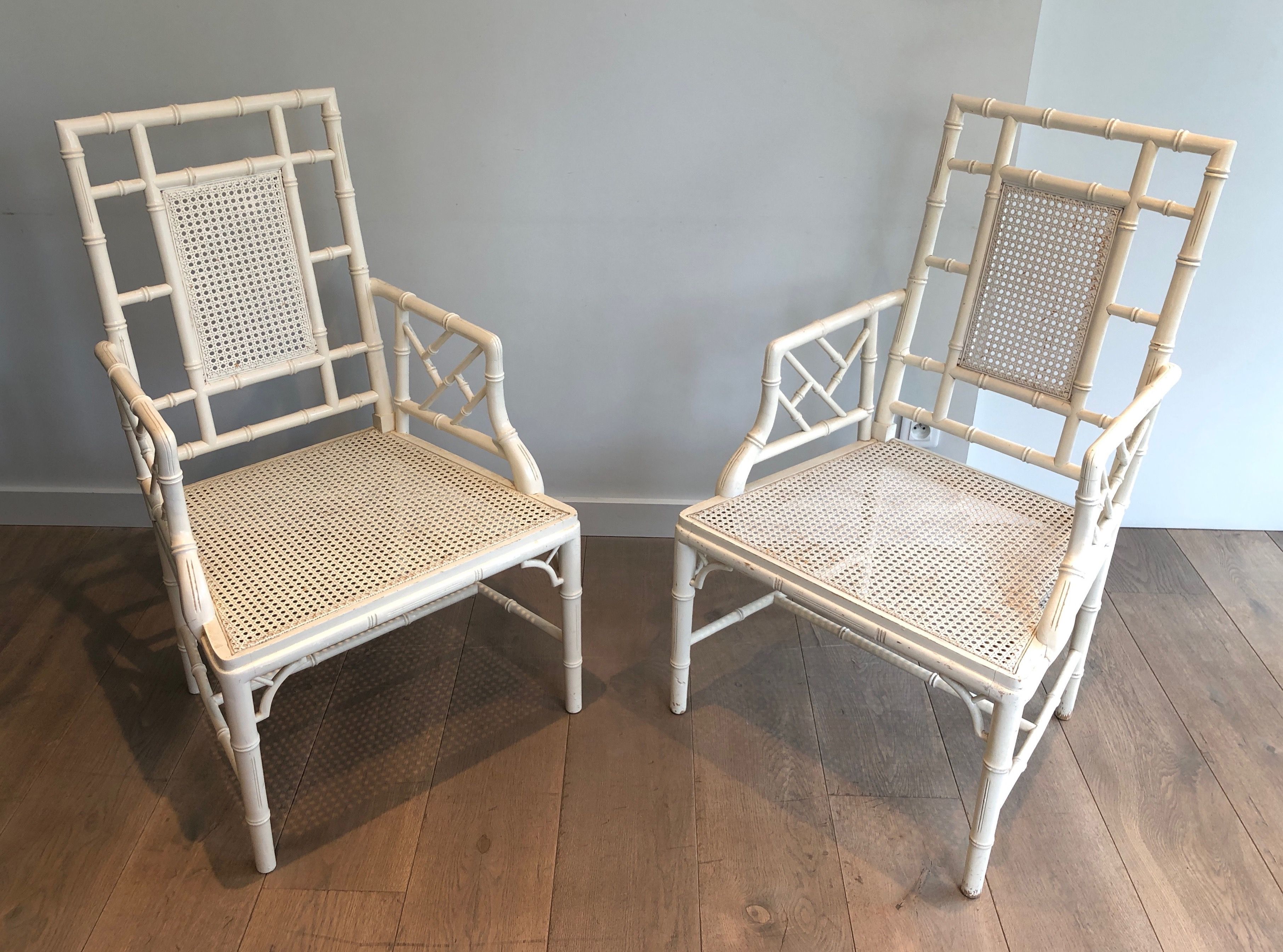 Pair of Faux-Bamboo Armchairs in a White Lacquered Wood in the Style of Maison Jansen