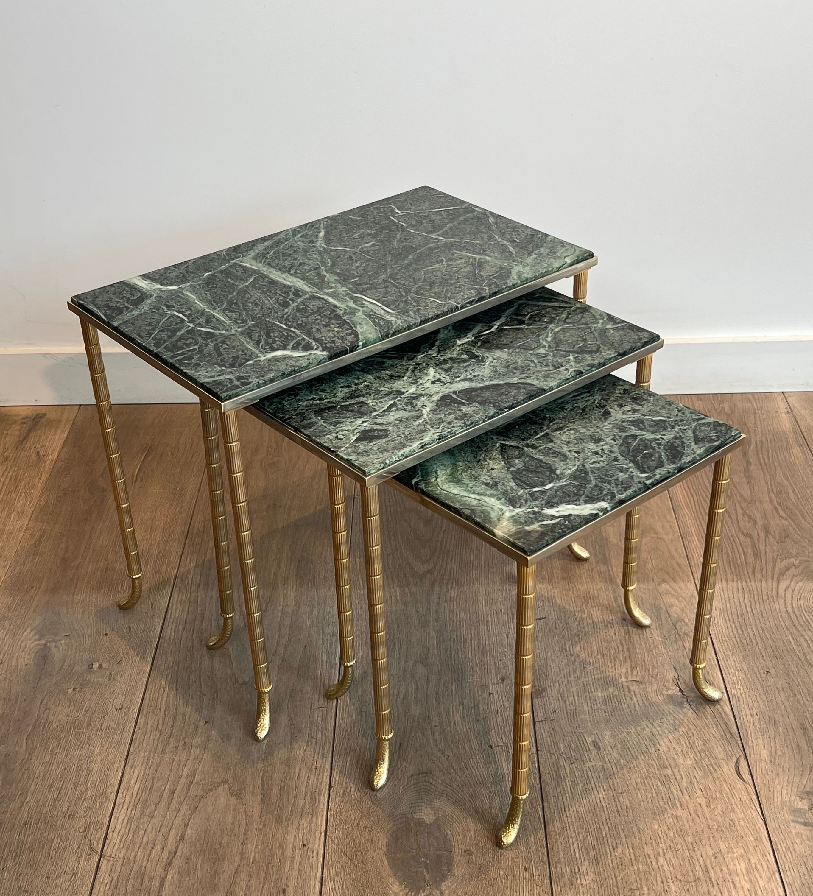 Set of 3 Nesting Tables in Nickel-Plated and Gold-Plated Metal with Green Alpine Marble Tops from Maison Jansen