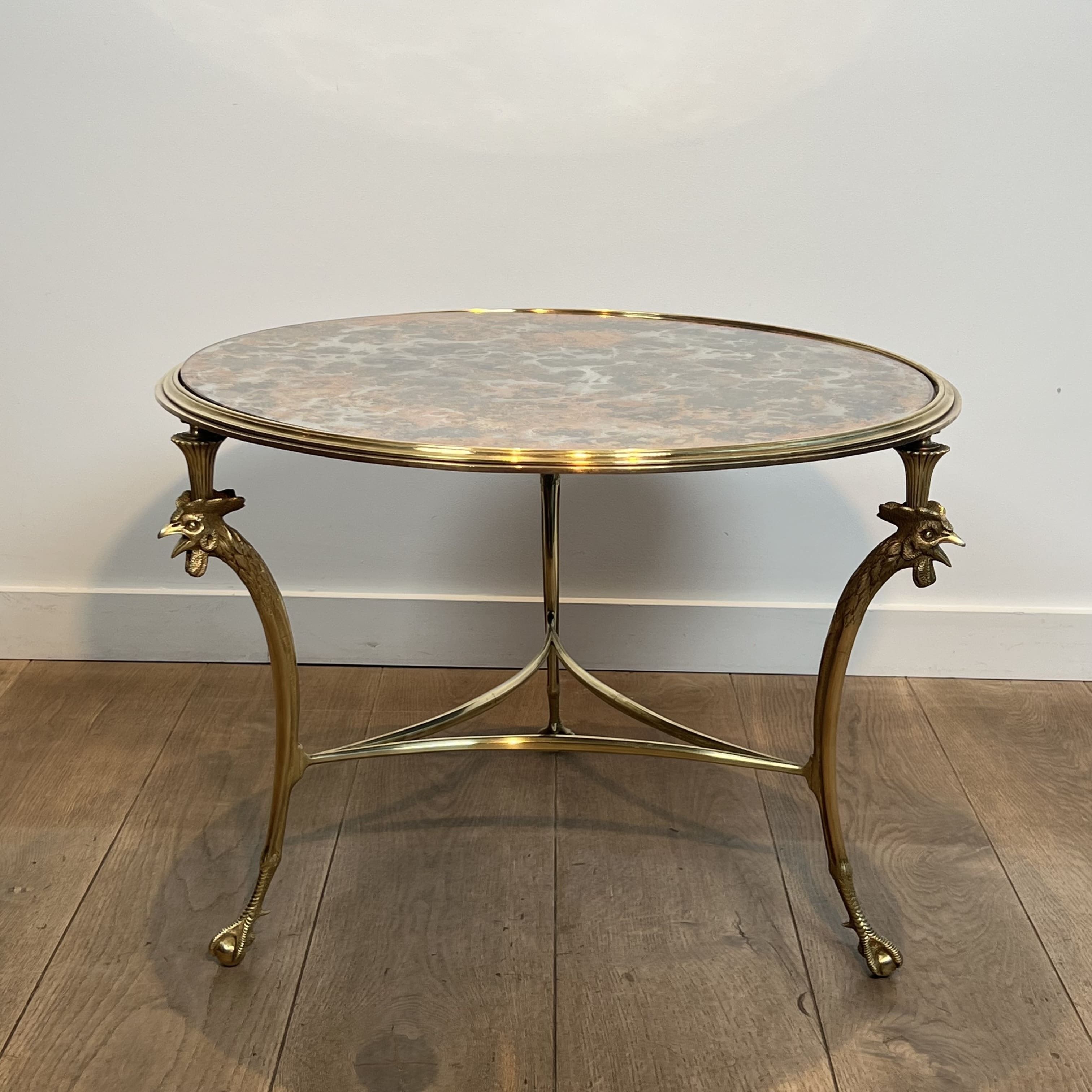 Round Tripod 'Rooster' Coffee Table in Bronze and Eglomise Mirror, Maison Charles, Circa 1940