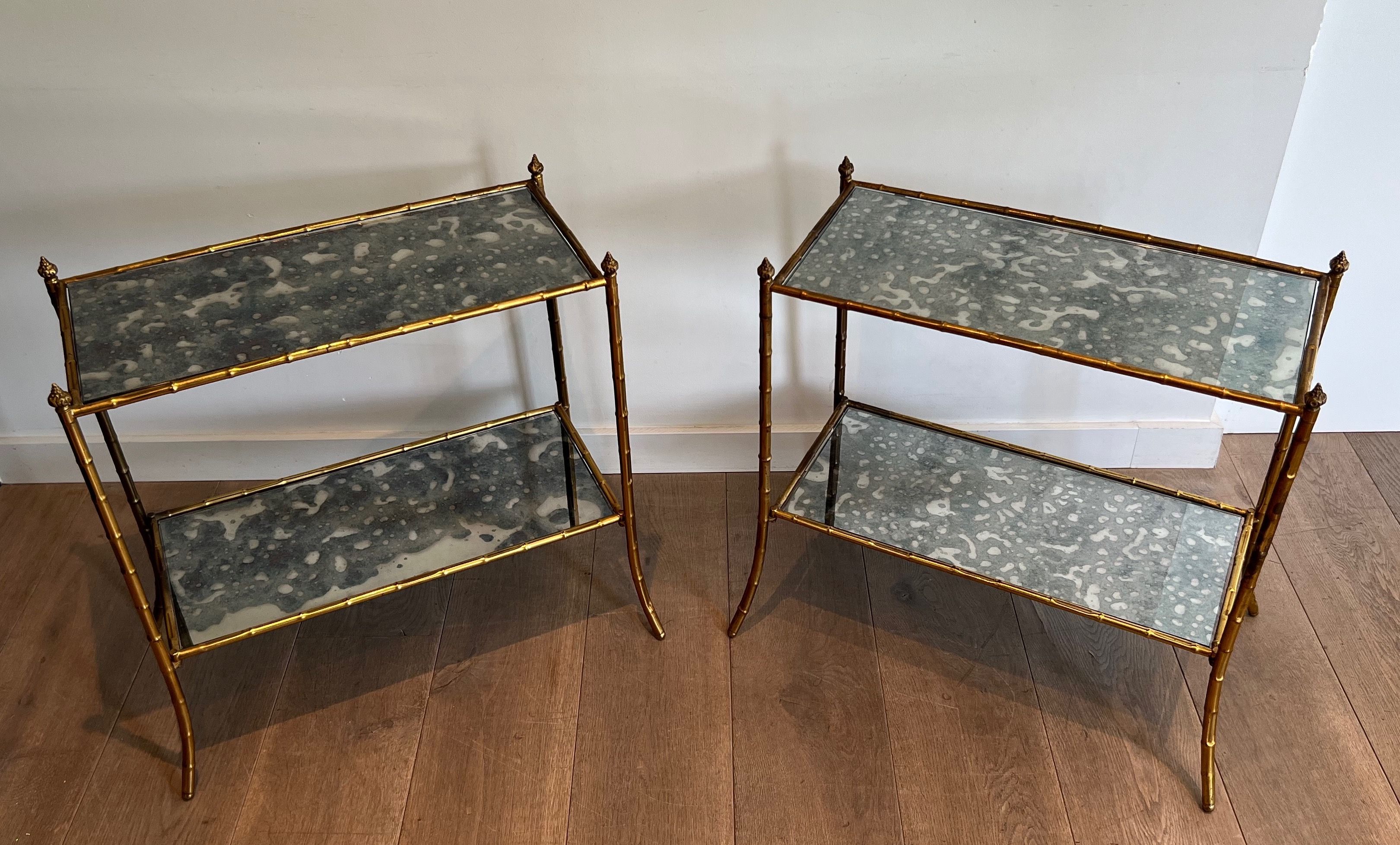 Pair of Faux-Bamboo Side Tables with Beautiful Oxydized Mirror Tops in the Style of Maison Baguès. Circa 1940