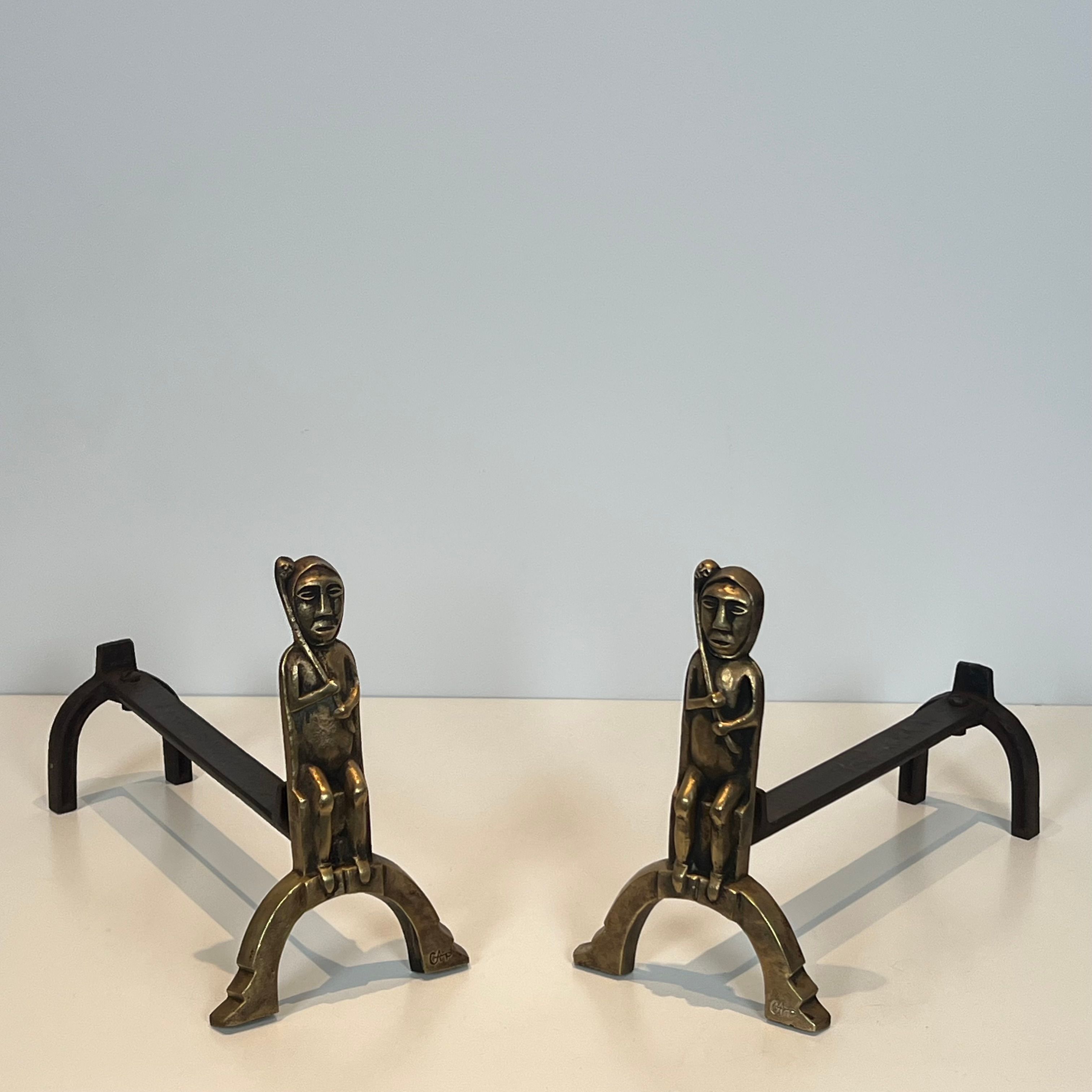 Pair of Bronze Andirons with Seated Shamans, Monogramed by Anton Prinner