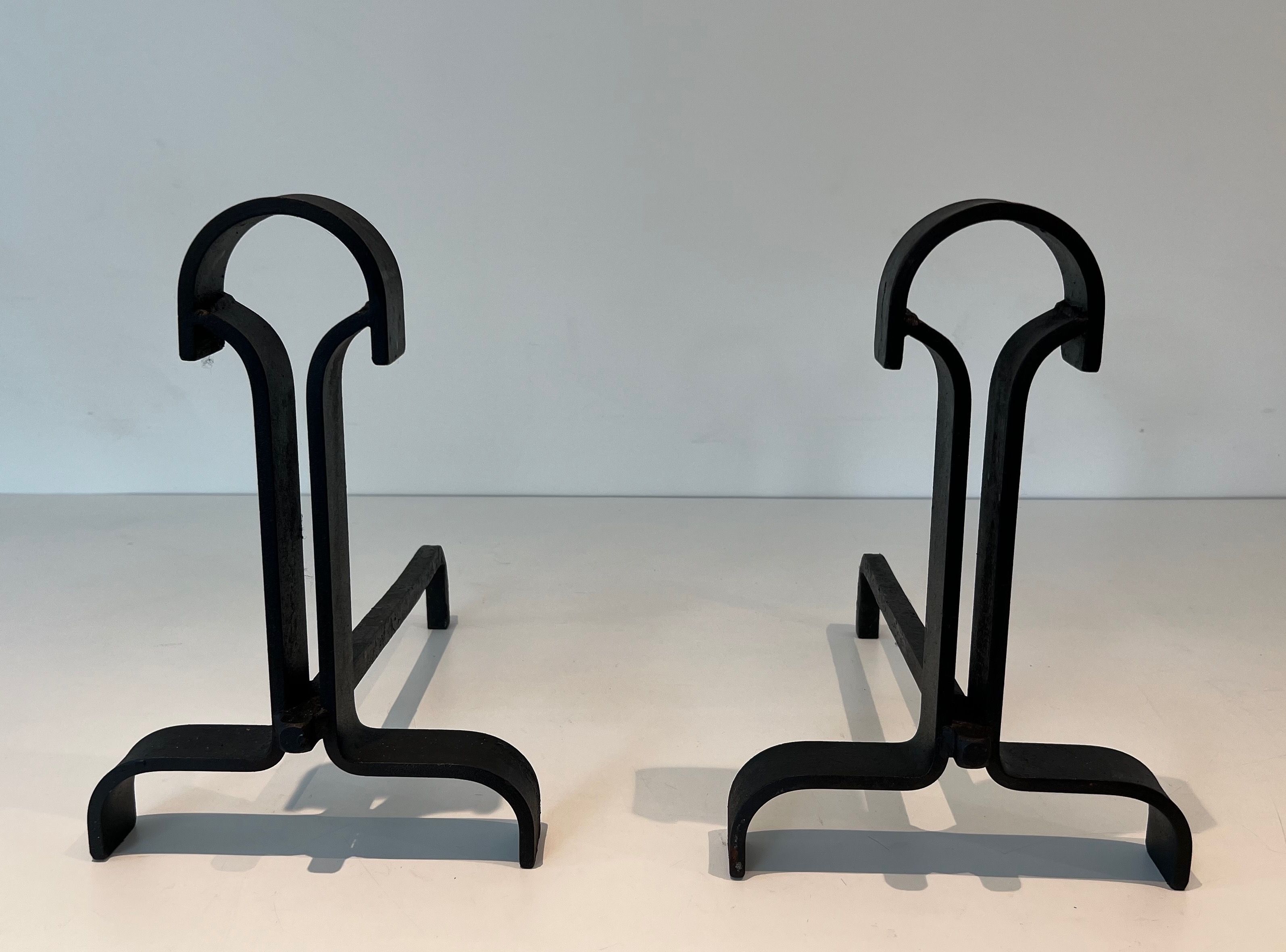 Pair of Modernist Wrought Iron Andirons