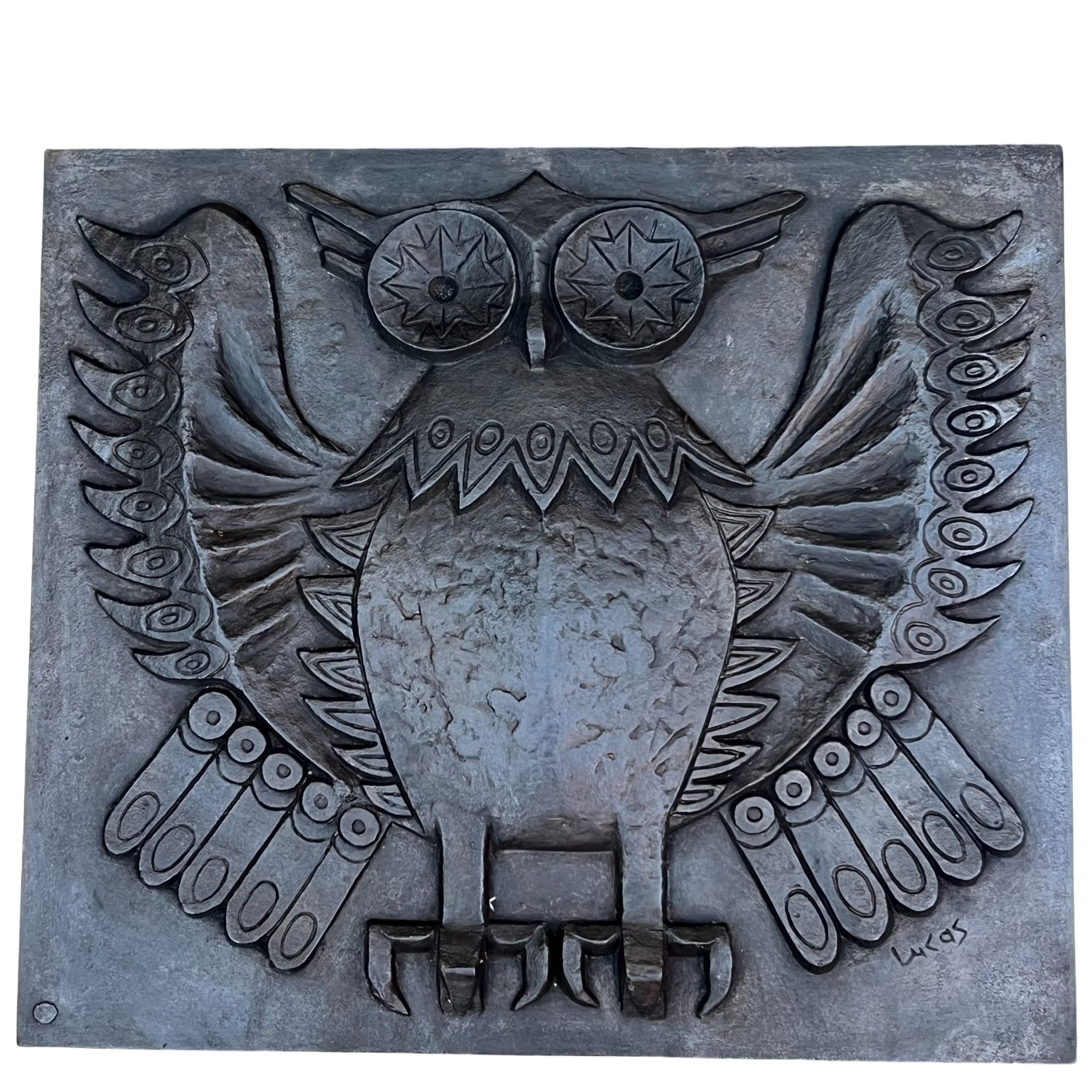 Modernist Cast Iron Fireback showing an Owl Signed Lucas by Foundery Stern