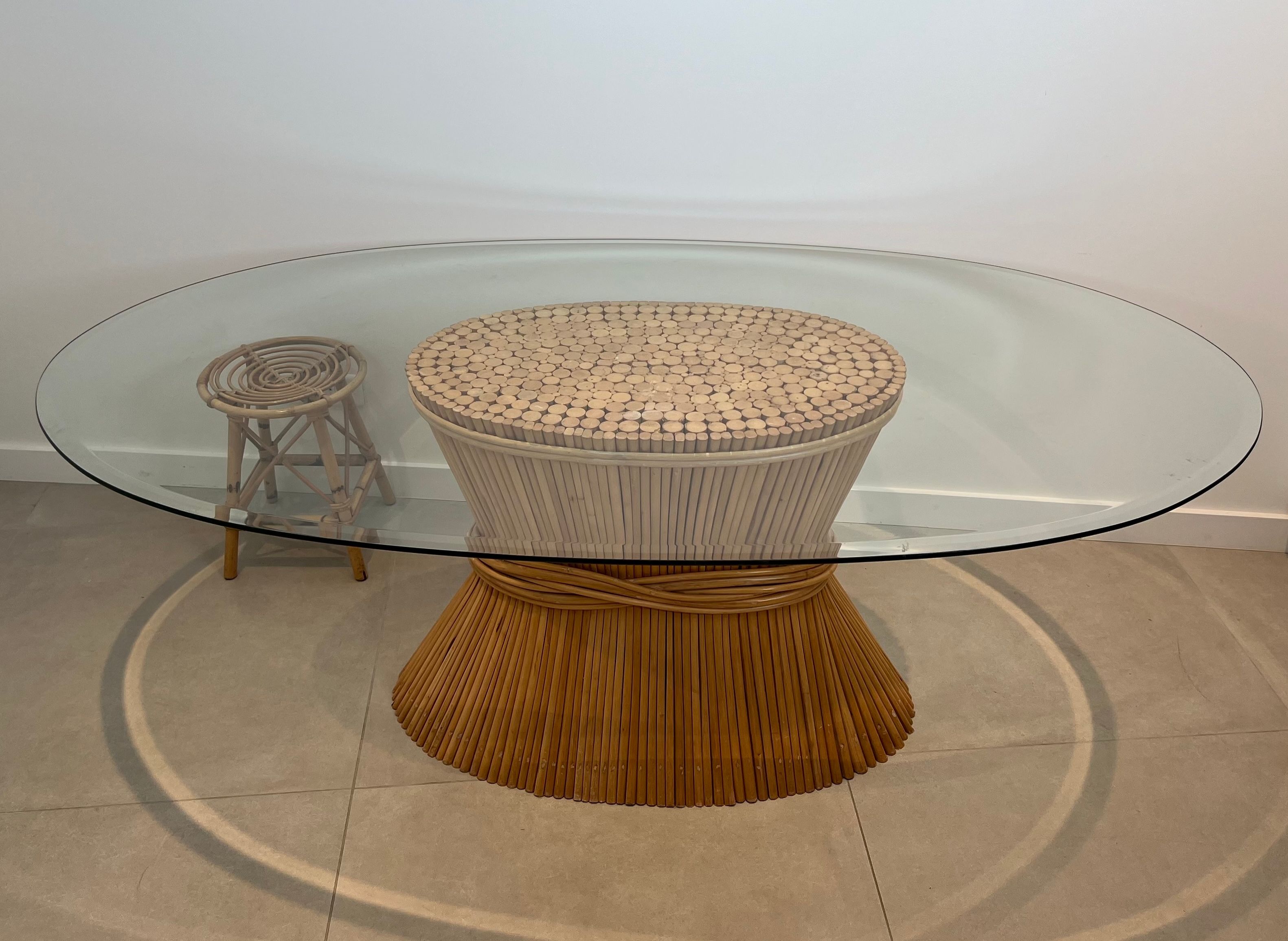 Large Wheat Sheaf Dinning Table with an Oval Beveled Glass Top on a Bamboo Base by American Designer Elinor Mc Guire
