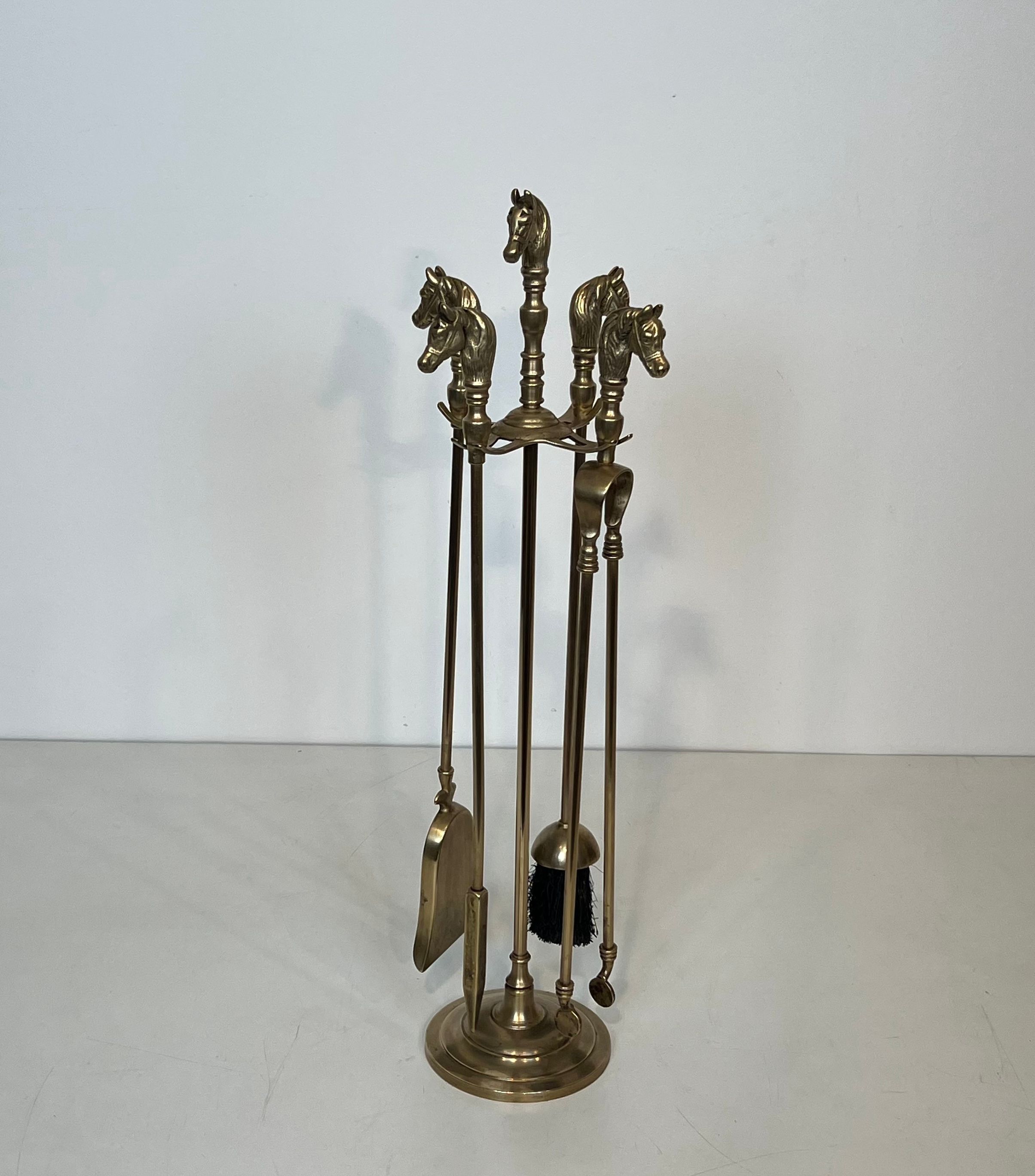 Neoclassical Style Brass HorseHeads Fireplace Tools