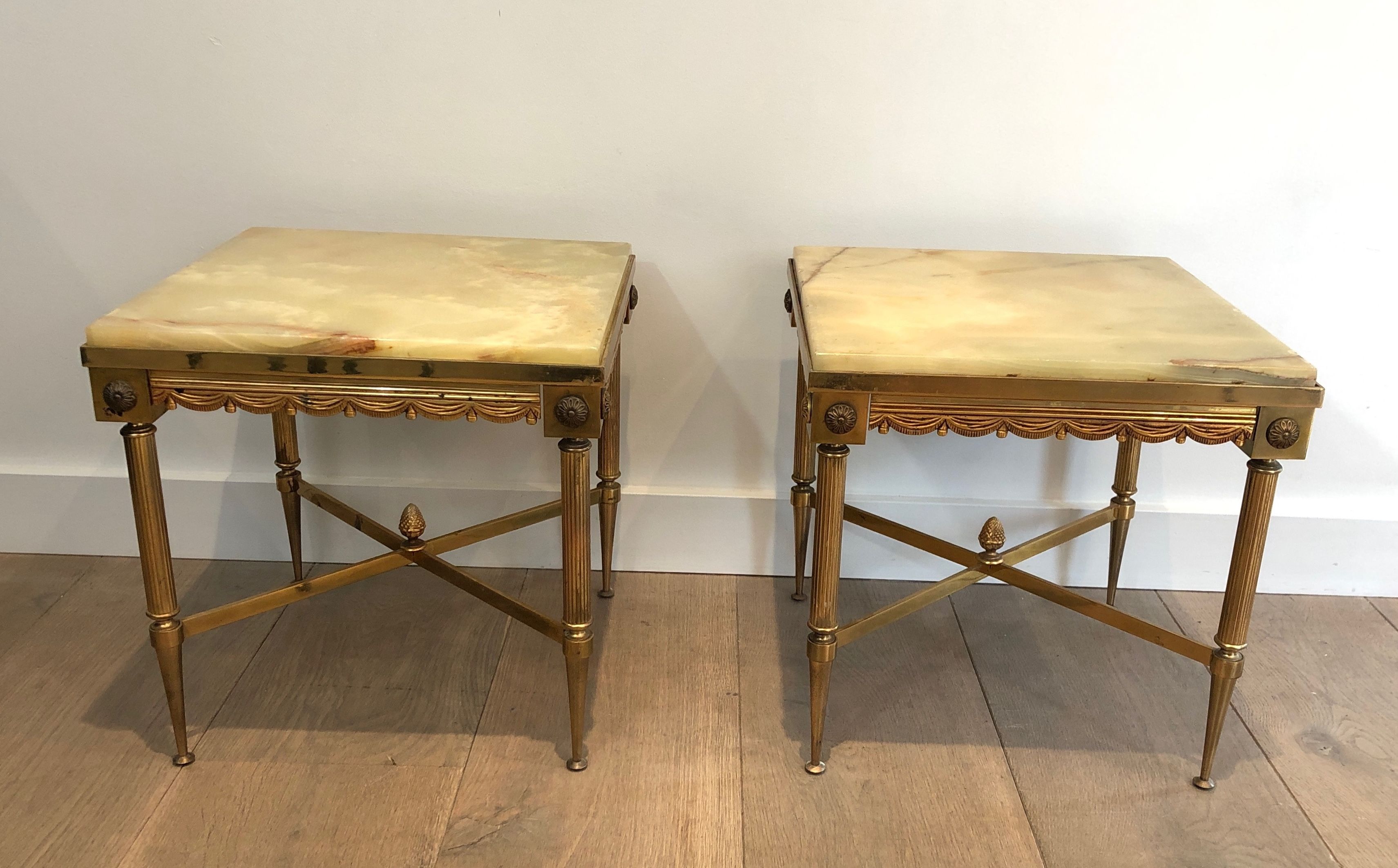 Pair of Neoclassical Style Square Brass Side Tables with Onyx Tops