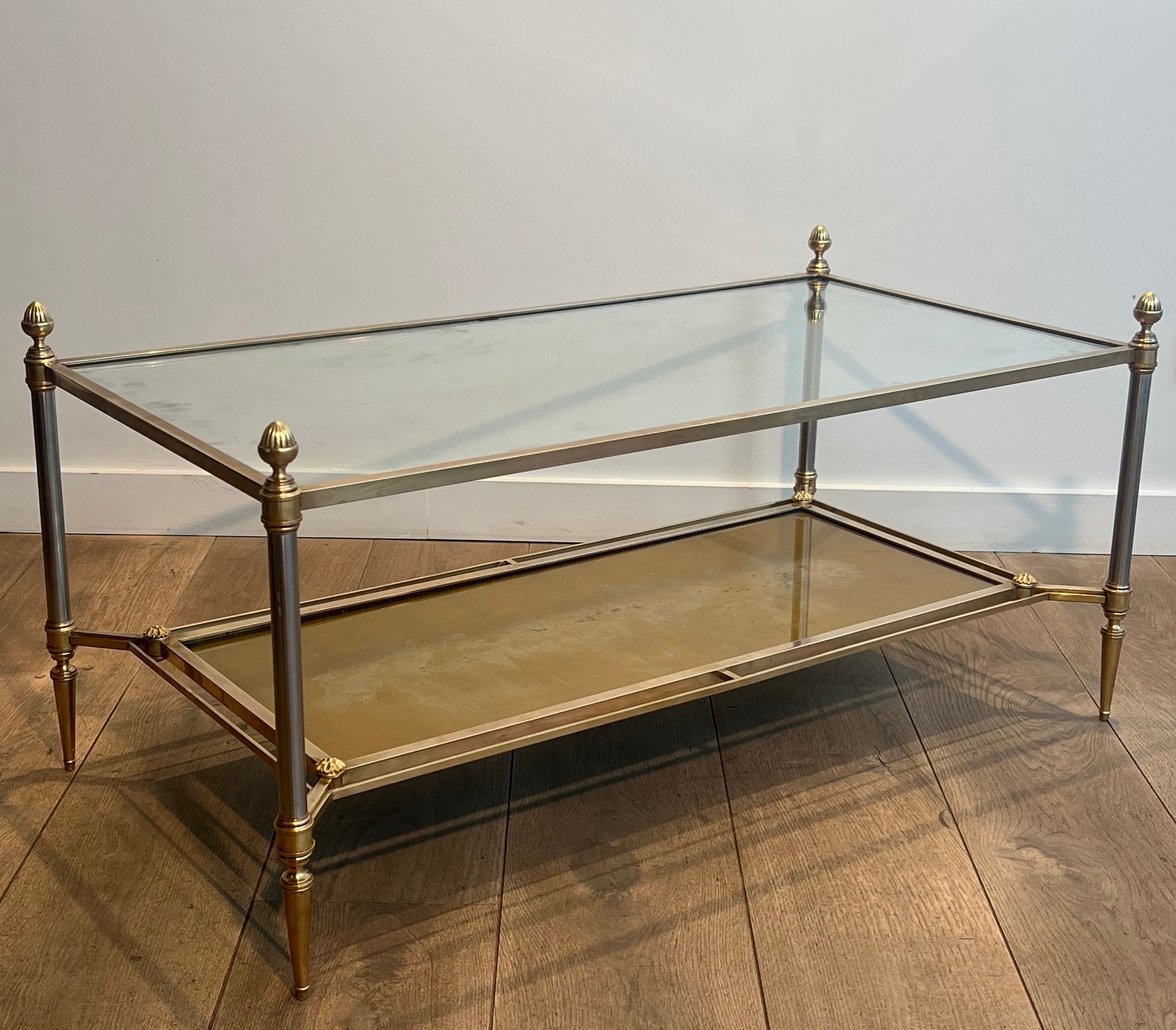 Brass Coffee Table with Gilt Eglomised Mirror and Glass Shelves by Maison Jansen