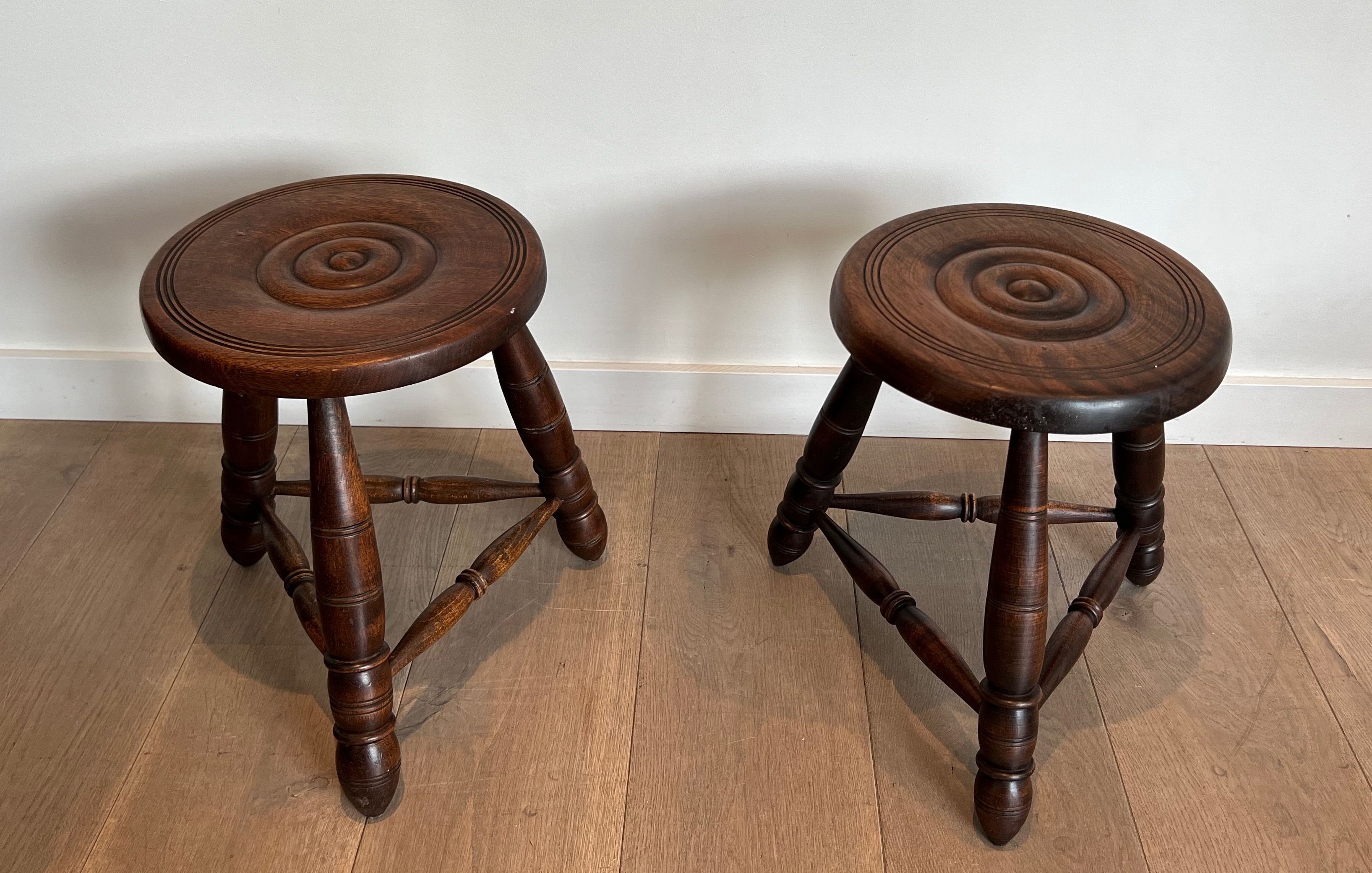 Pair of Turned Wood Stools Attributed to Charles Dudouyt