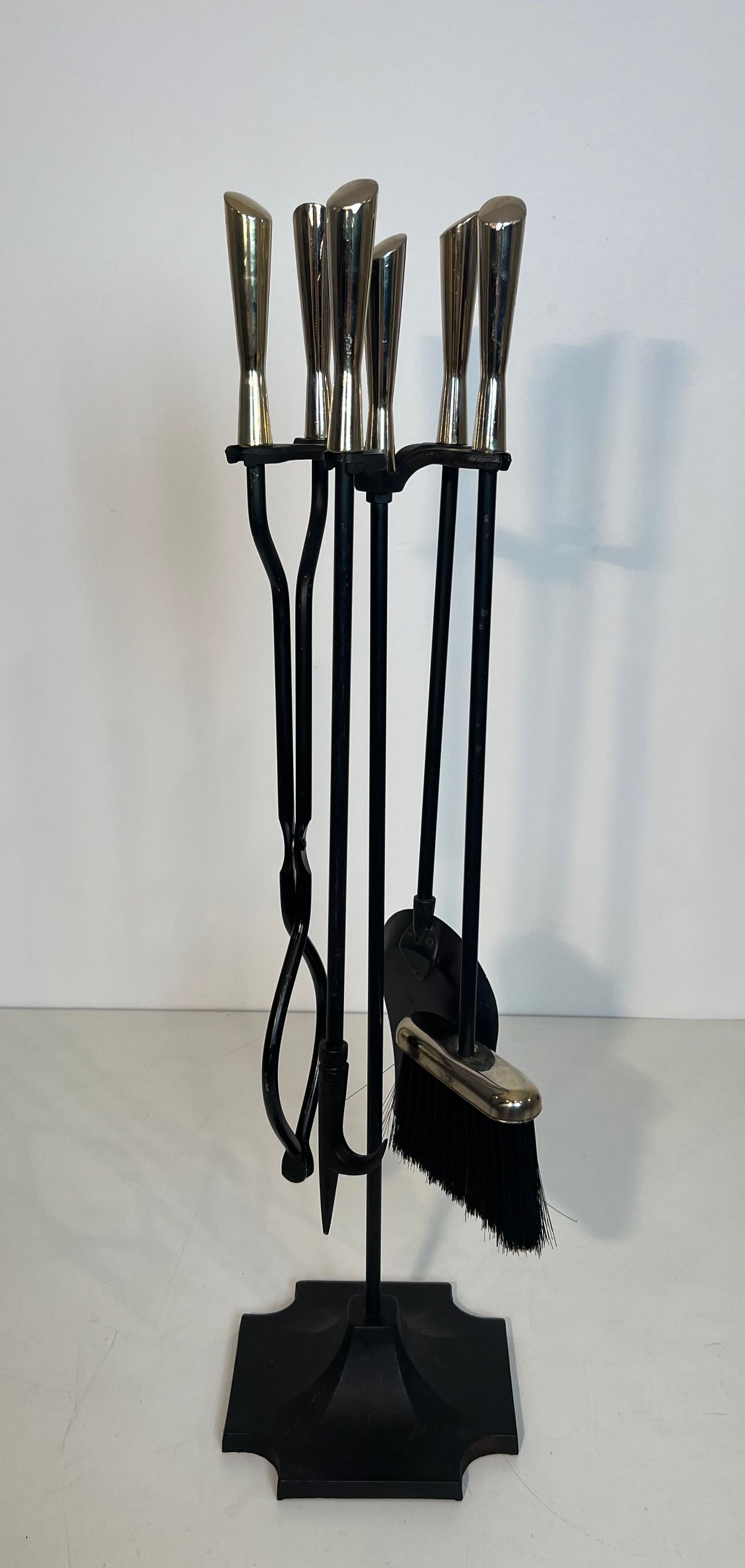 Black Lacquered and Chrome Design Fireplace Tools on Stand