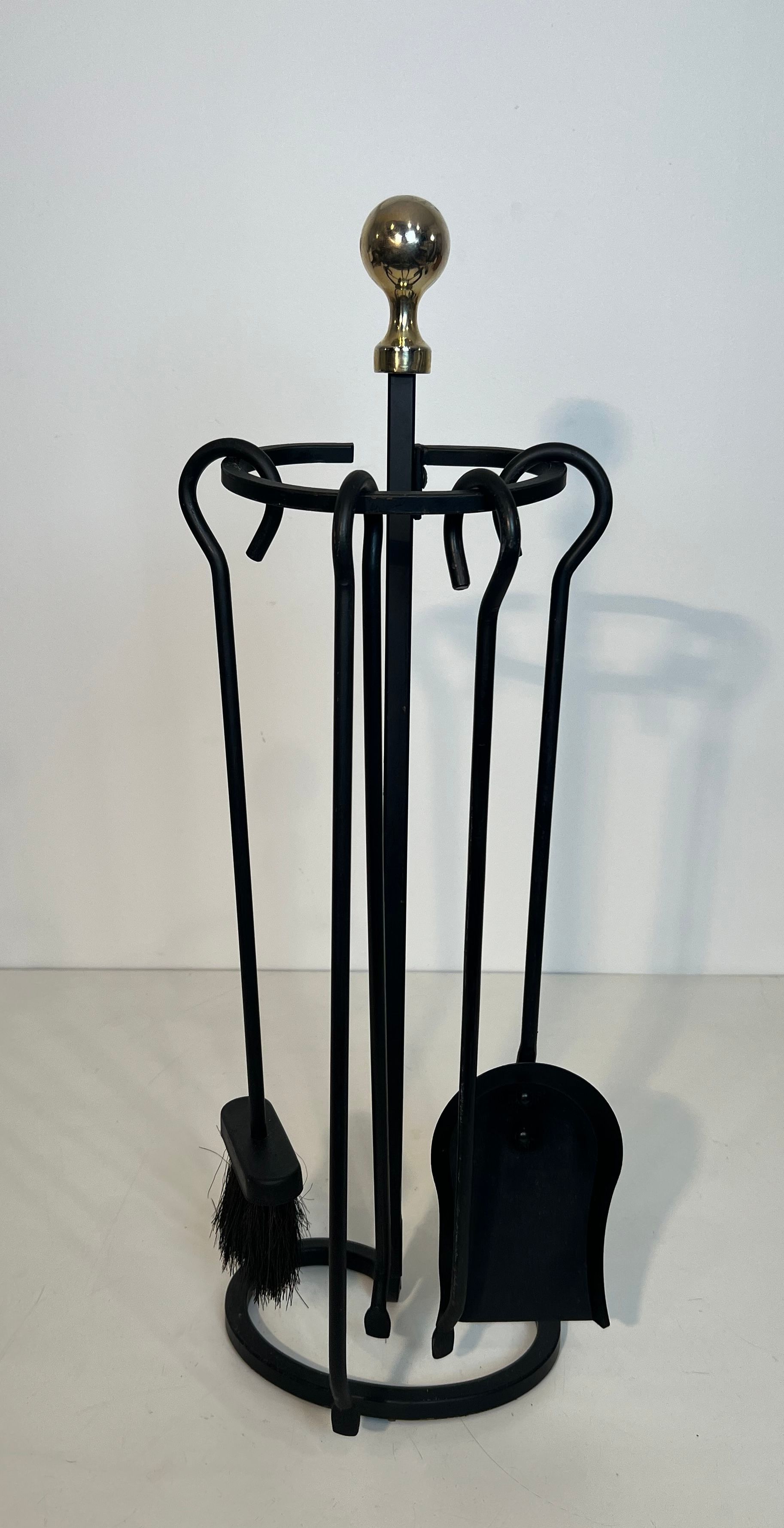 Black Lacquered and Brass Design Fireplace Tools on Stand