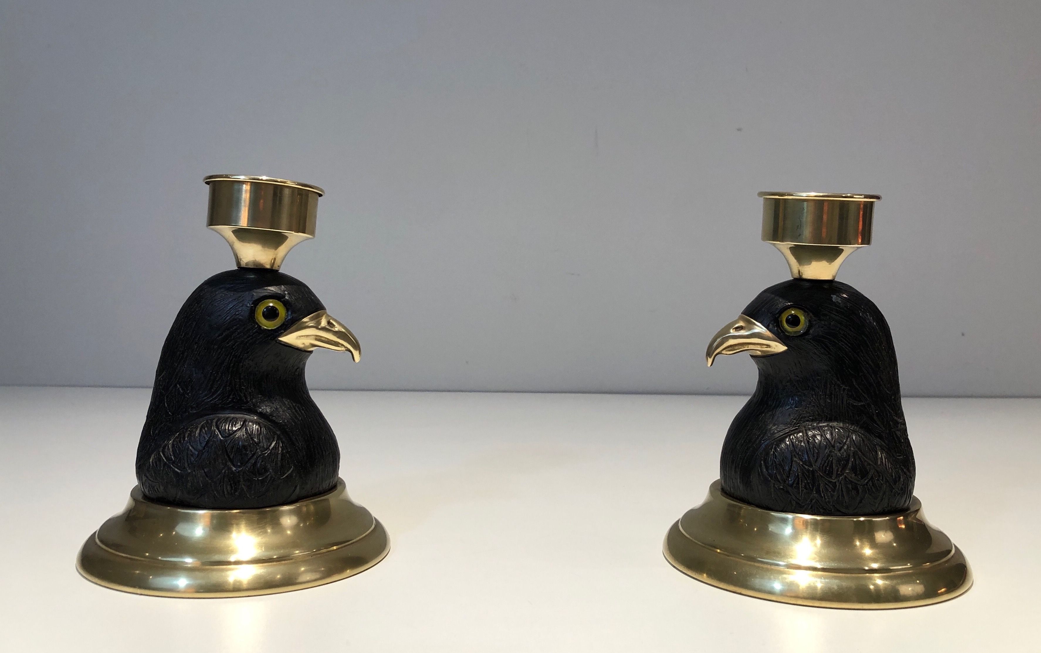 Pair of Candlesticks Representing Carved Wood Eagles with Brass Beaks and Glass Eyes Stamped Houy Pouiga