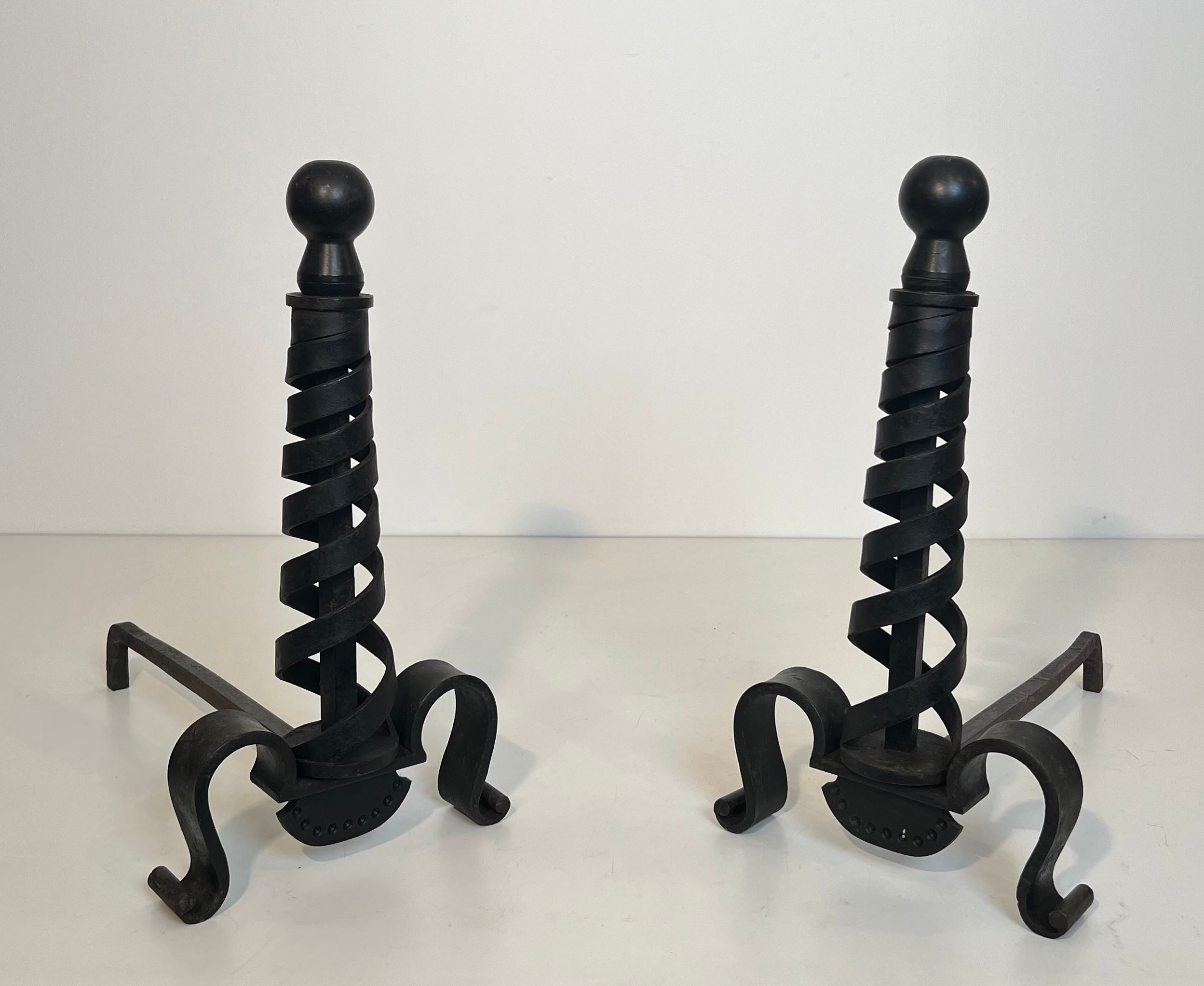 Pair of Modernist Cast Iron and Wrought Iron Andirons by Raymond Subes