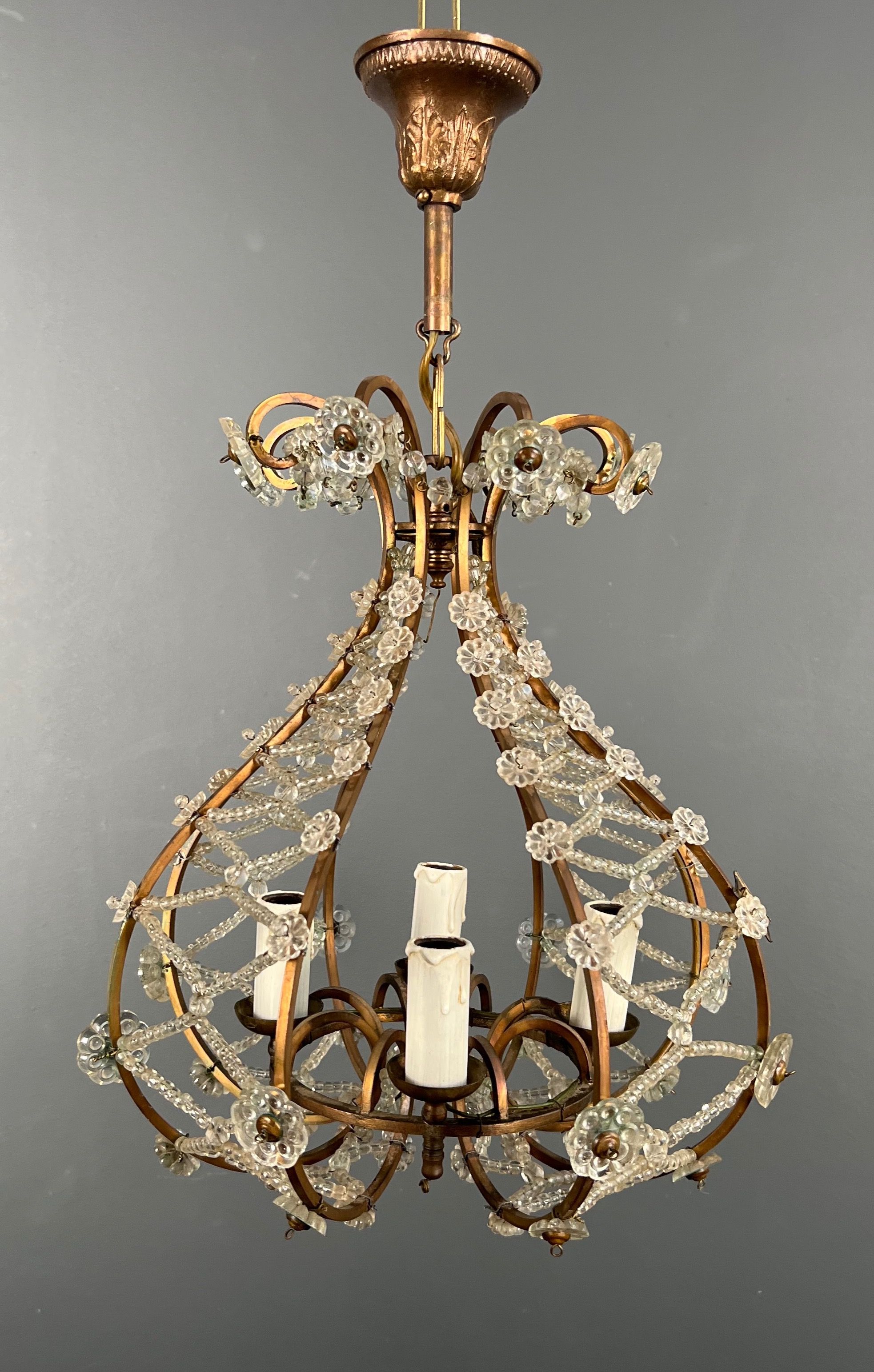 Small Brass Chandelier wityh Crystal Garlands in the Style of Maison Baguès