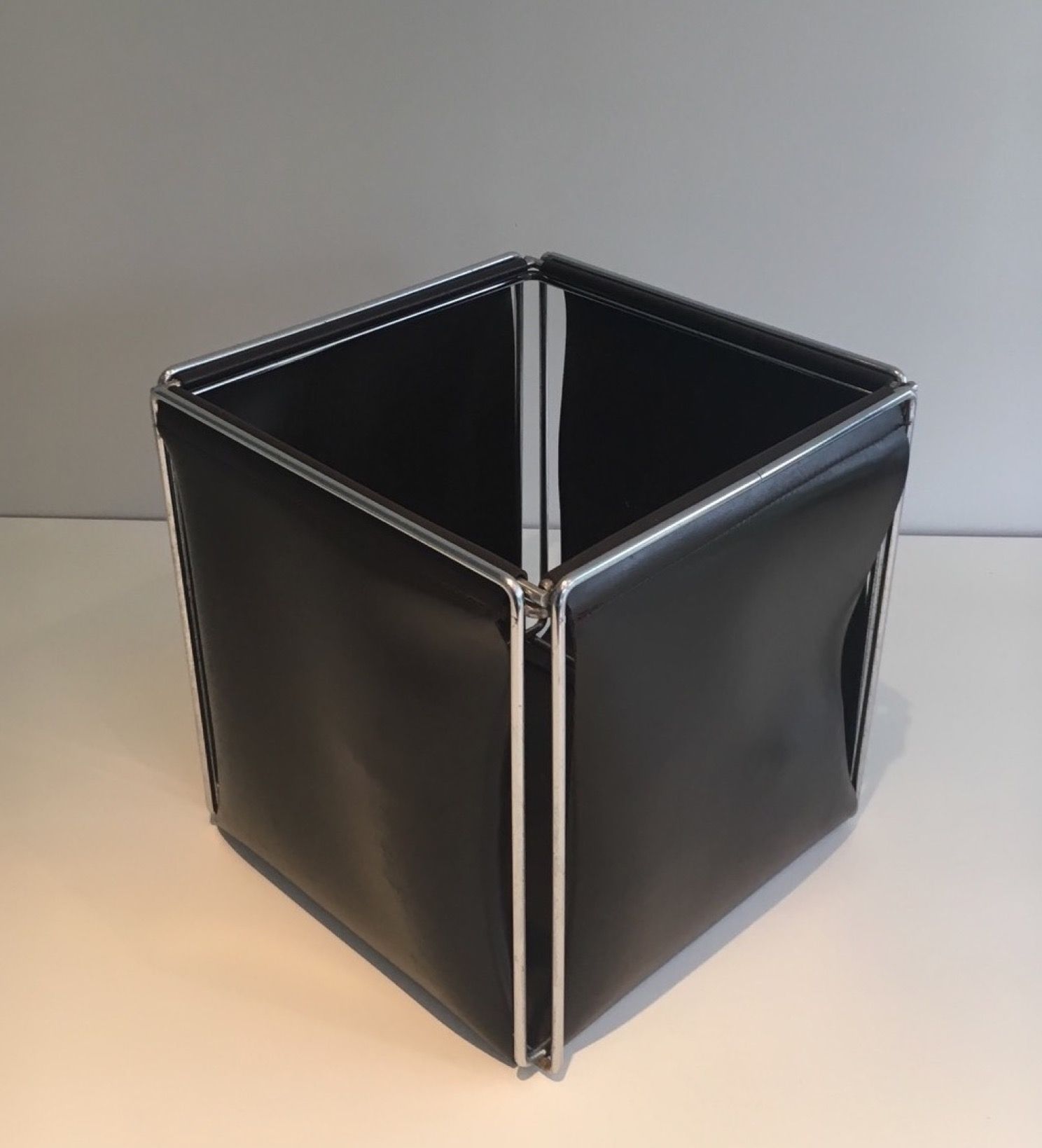 Chrome and Faux-Leather Waste Paper Basket