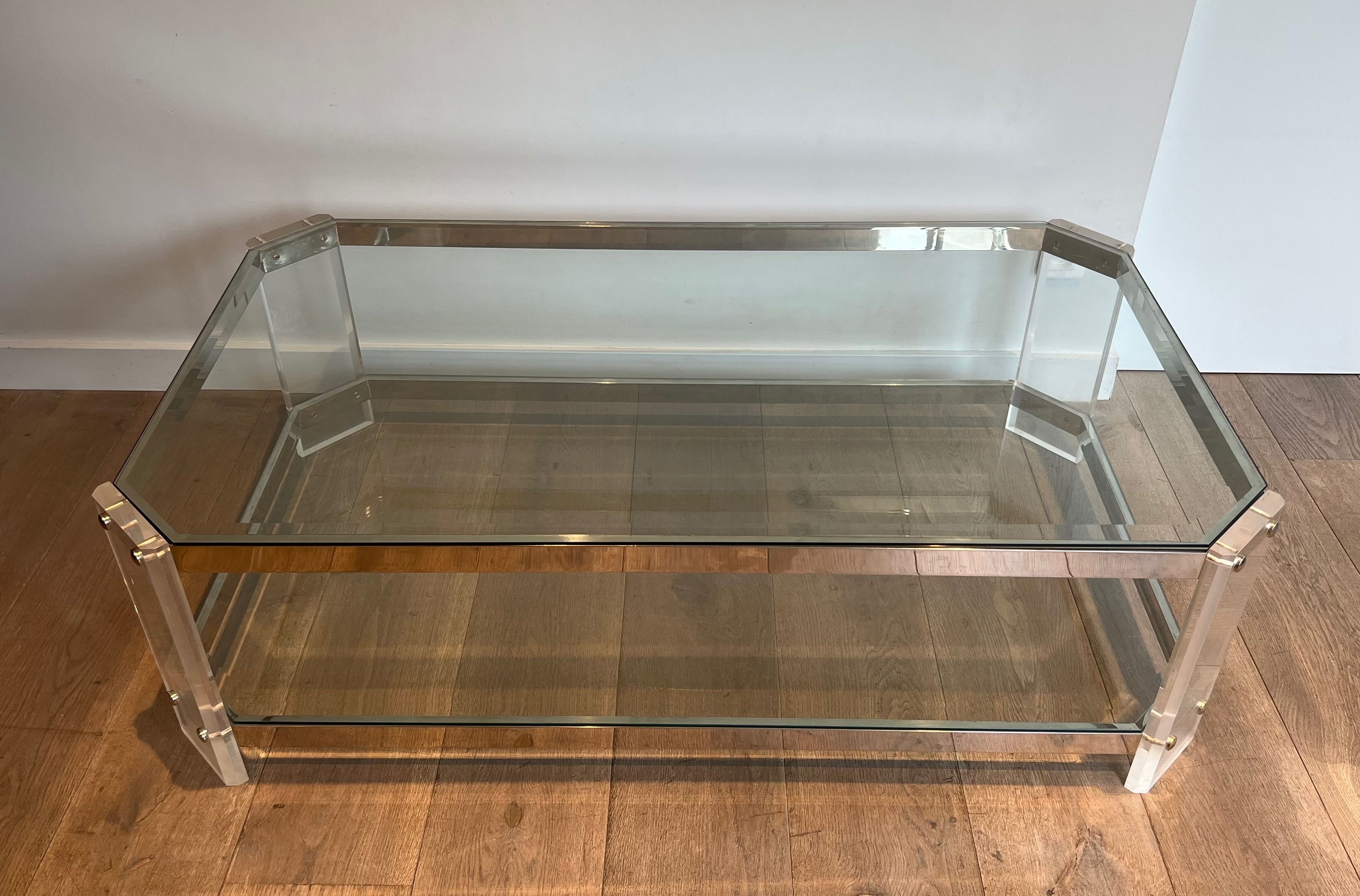 Octogonal Lucite and Chrome Coffee Table by Maison Jansen