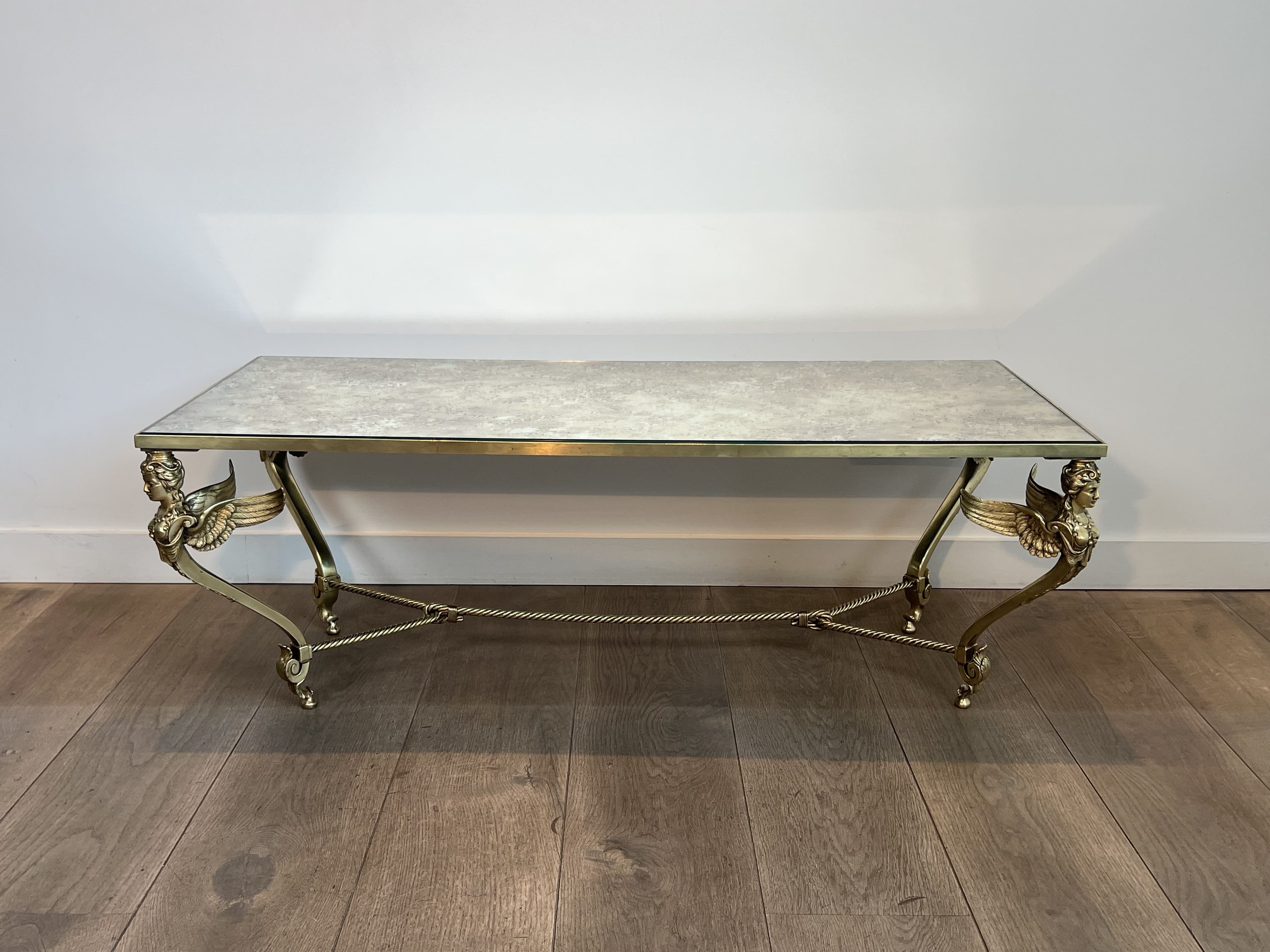 Sphinxes Coffee Table in Bronze with Venere Mirror Top, Circa 1970