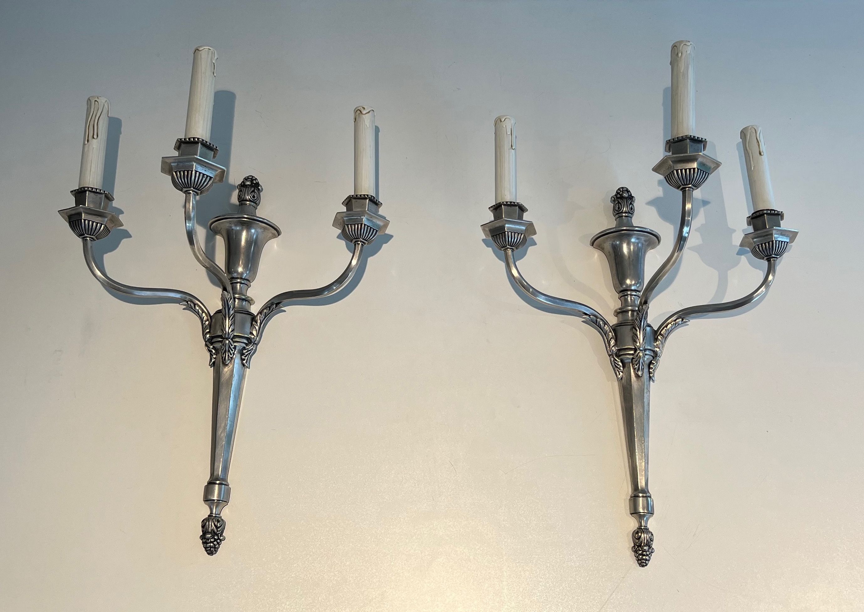 Pair of Large Silvered Metal Wall LIghts with 3 Arms