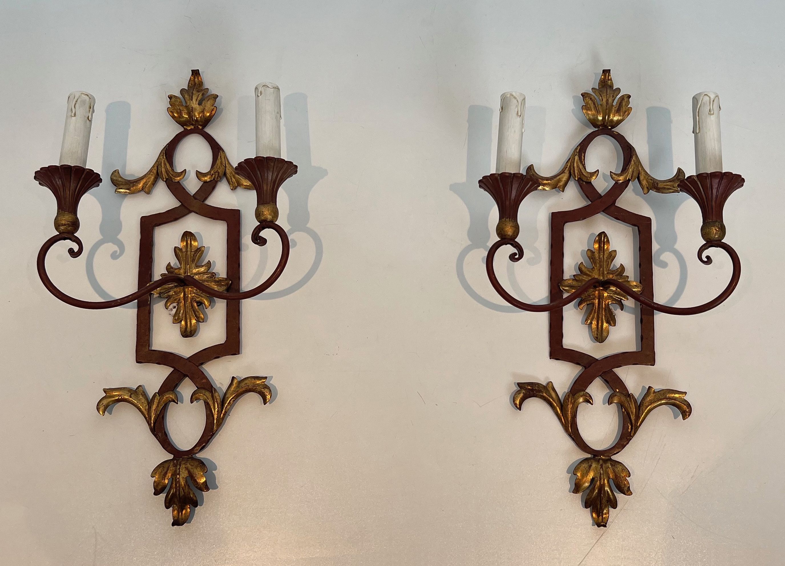 Pair of Patinated Wrought Iron and Wood Wall Sconces with Gilded Acanthus Leaves