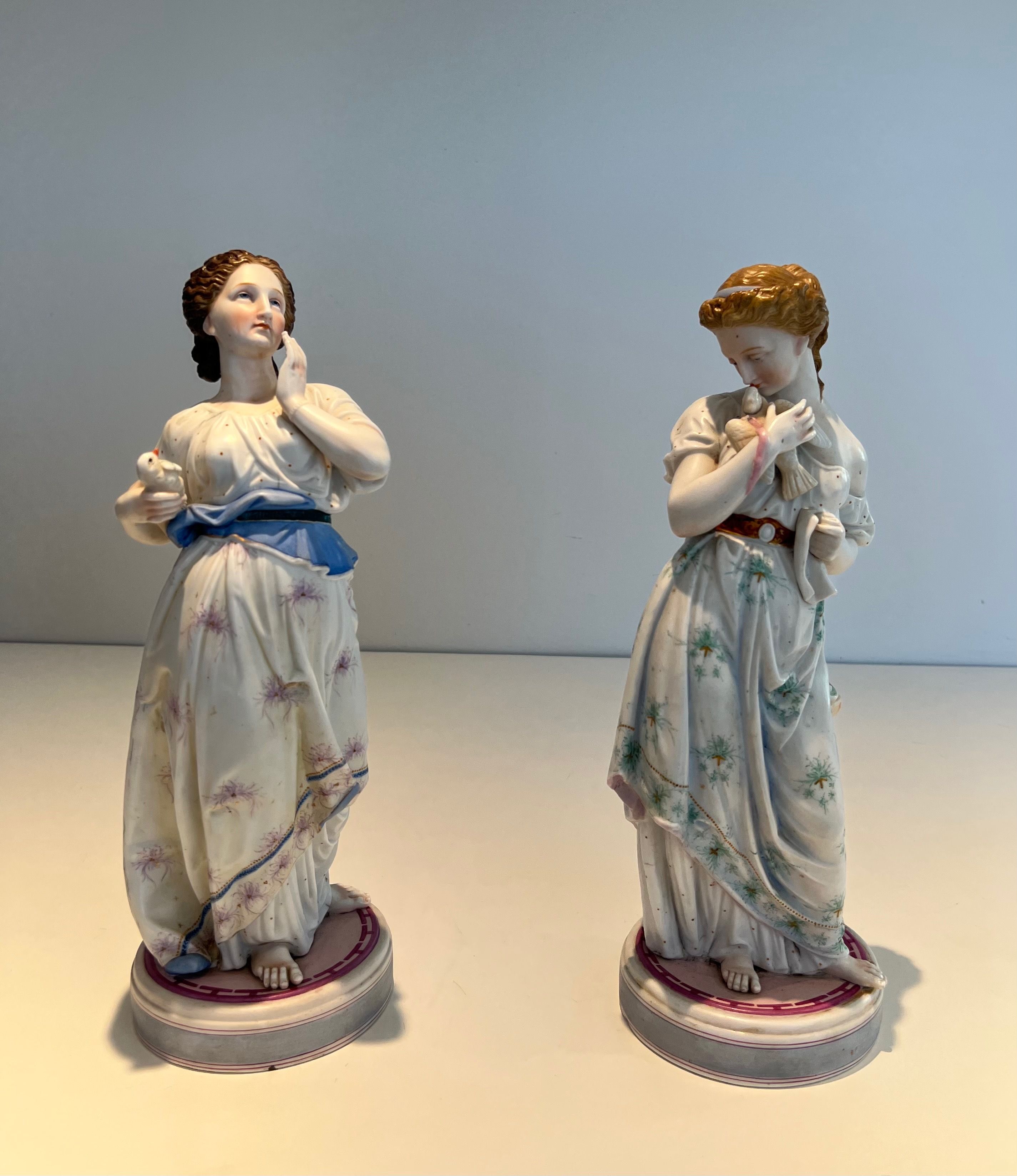 Pair of Important Porcelain Figures Representing Two Women With Birds
