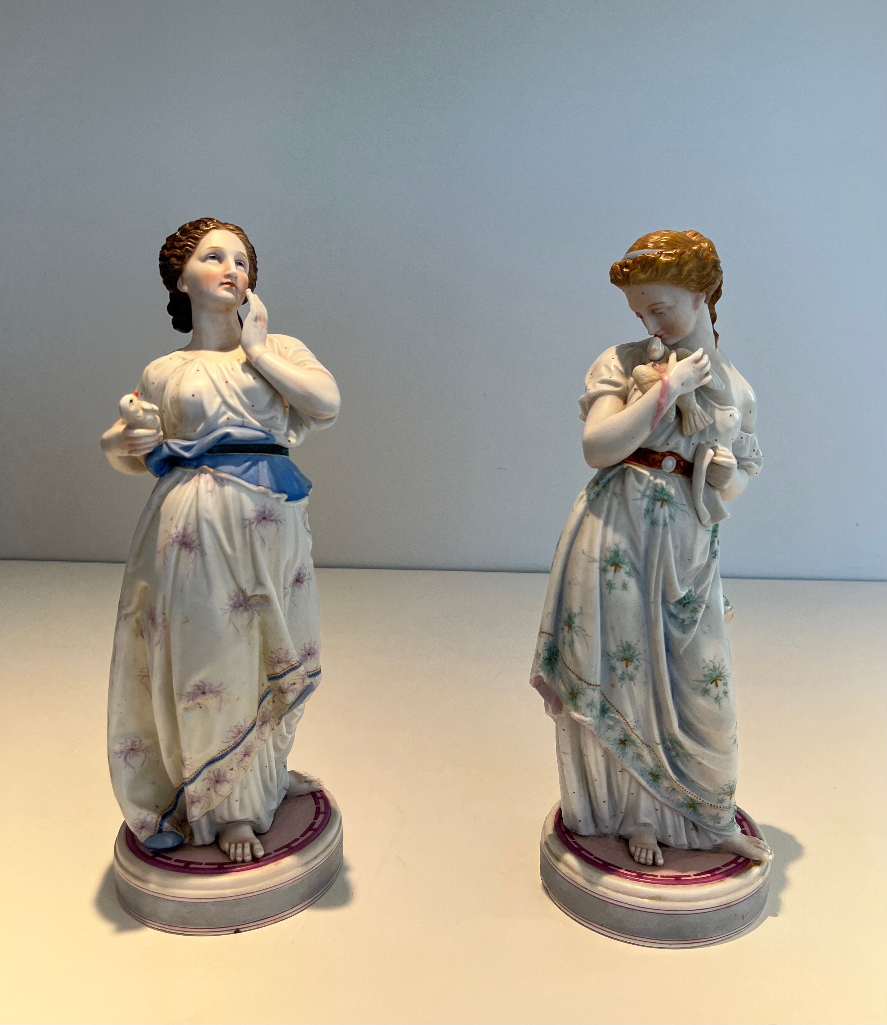 Pair of Important Porcelain Figures Representing Two Women With Birds