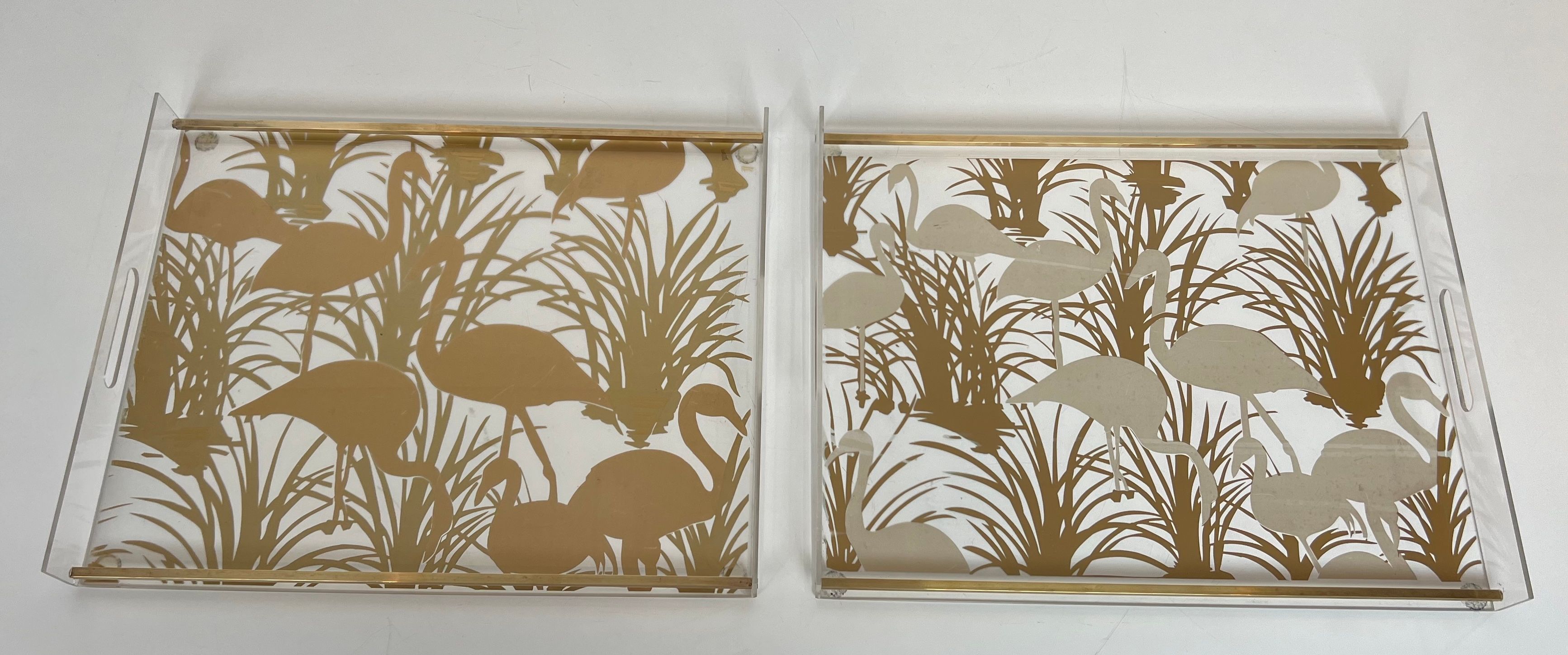 Pair of Lucite and Brass Trays Decorated with Golden Birds