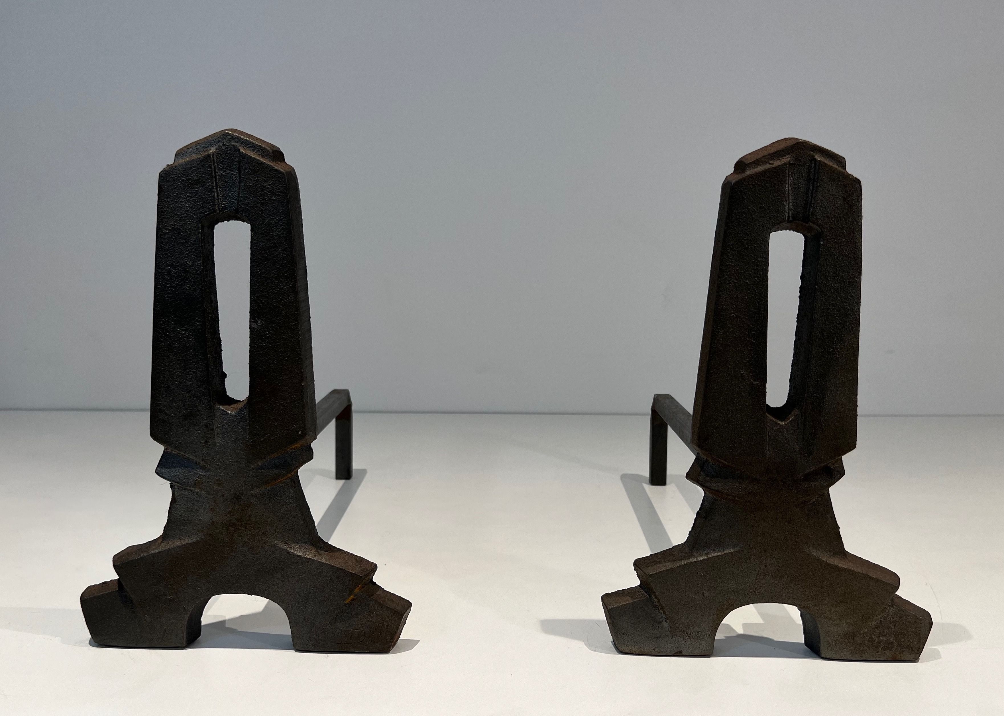 Pair of Modernist Cast Iron and Wrought Iron Andirons