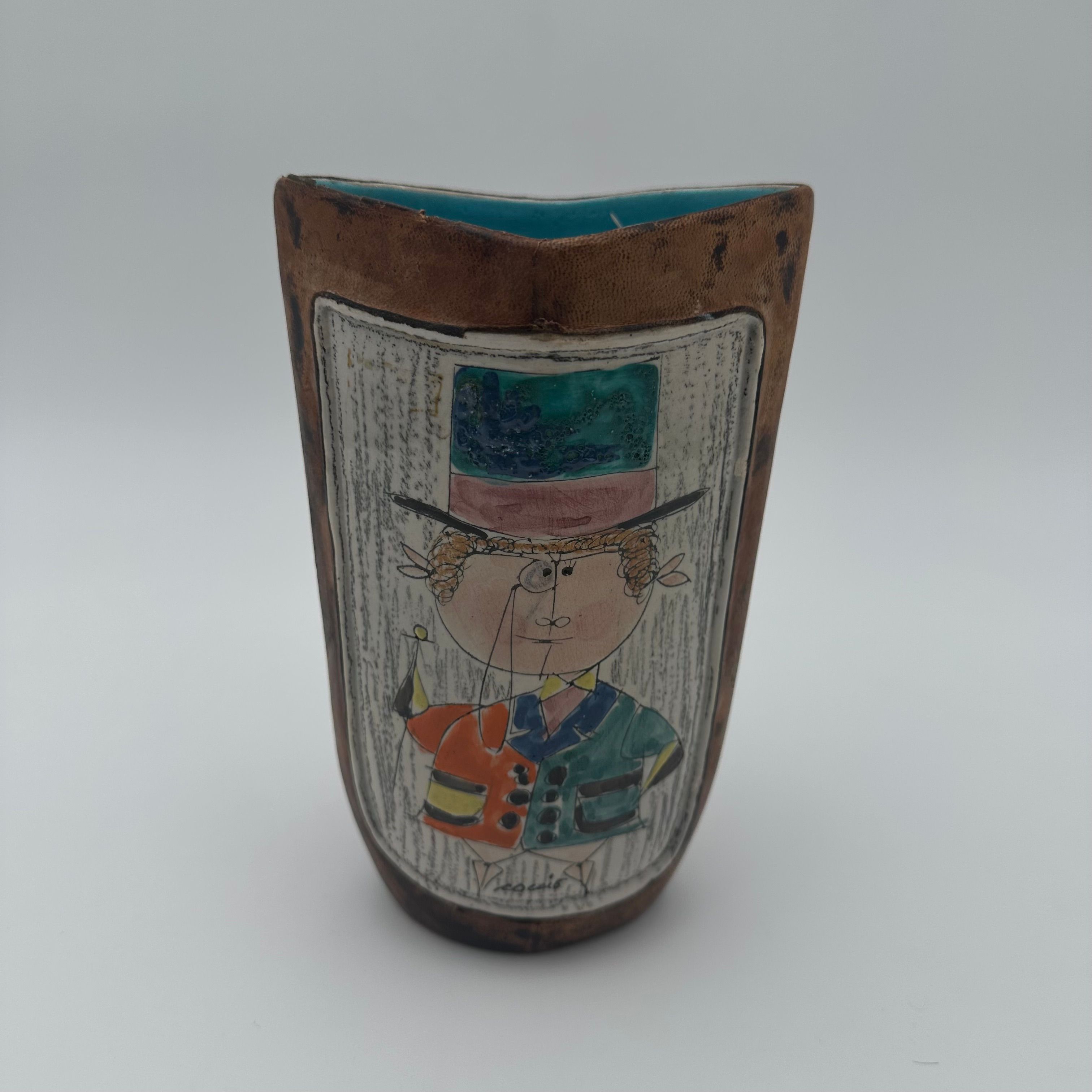 Painted ceramic and leather vase – By  Coccio, Italy, 1950s