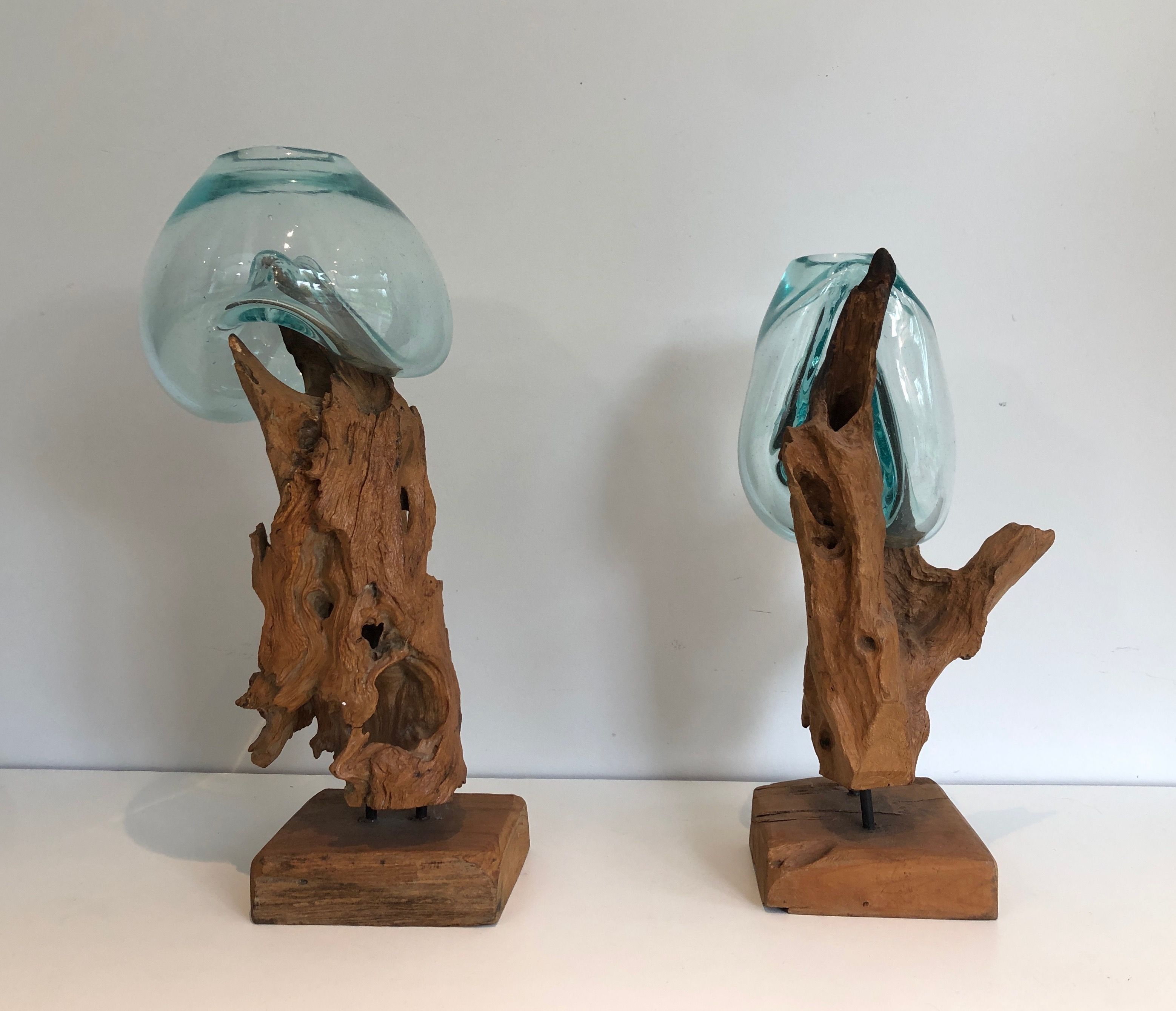 Pair of Wood and Glass Vases